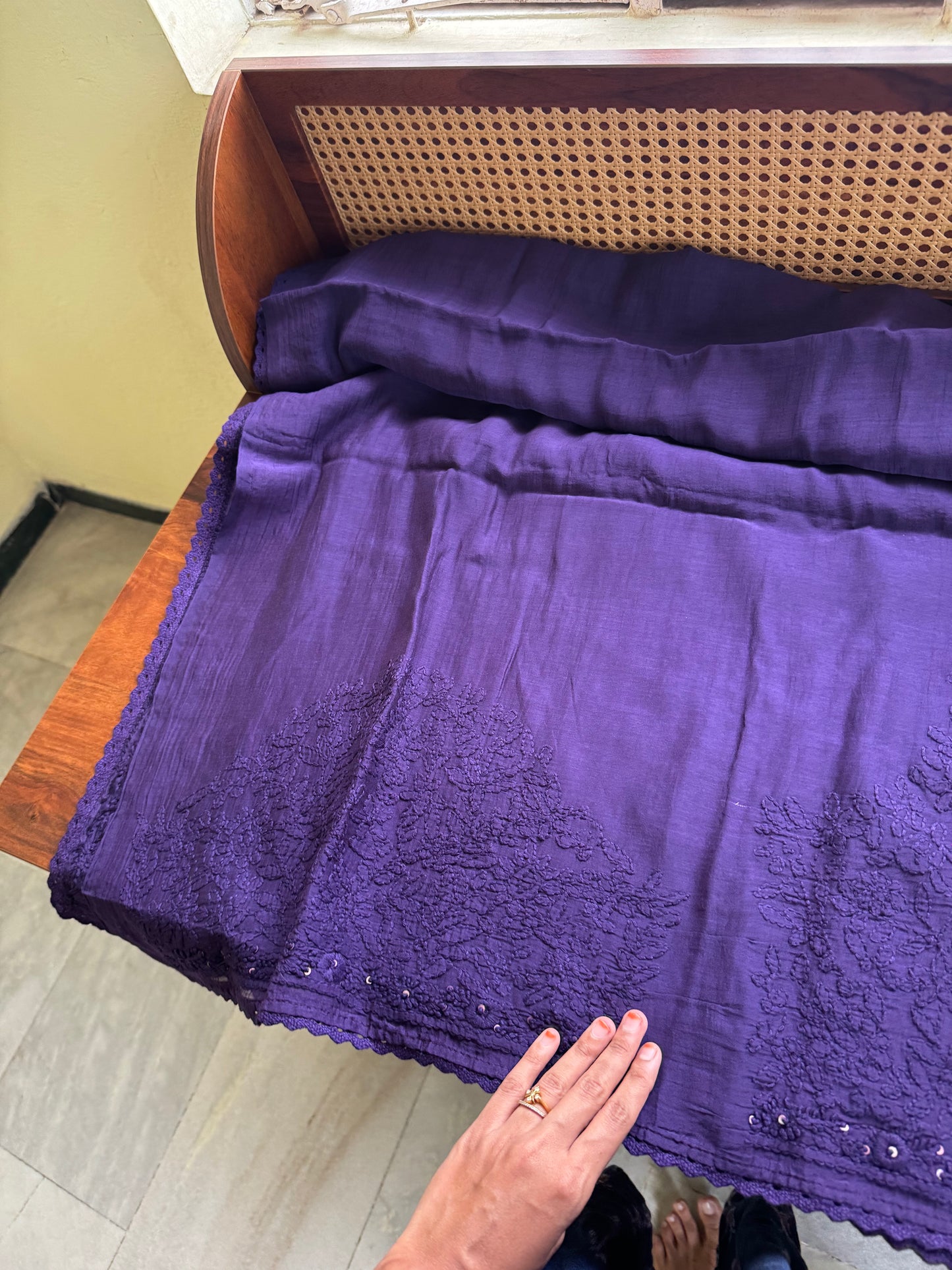Pure Mul Chanderi Chikankari Saree with Jaal Heavy Blouse - Violet