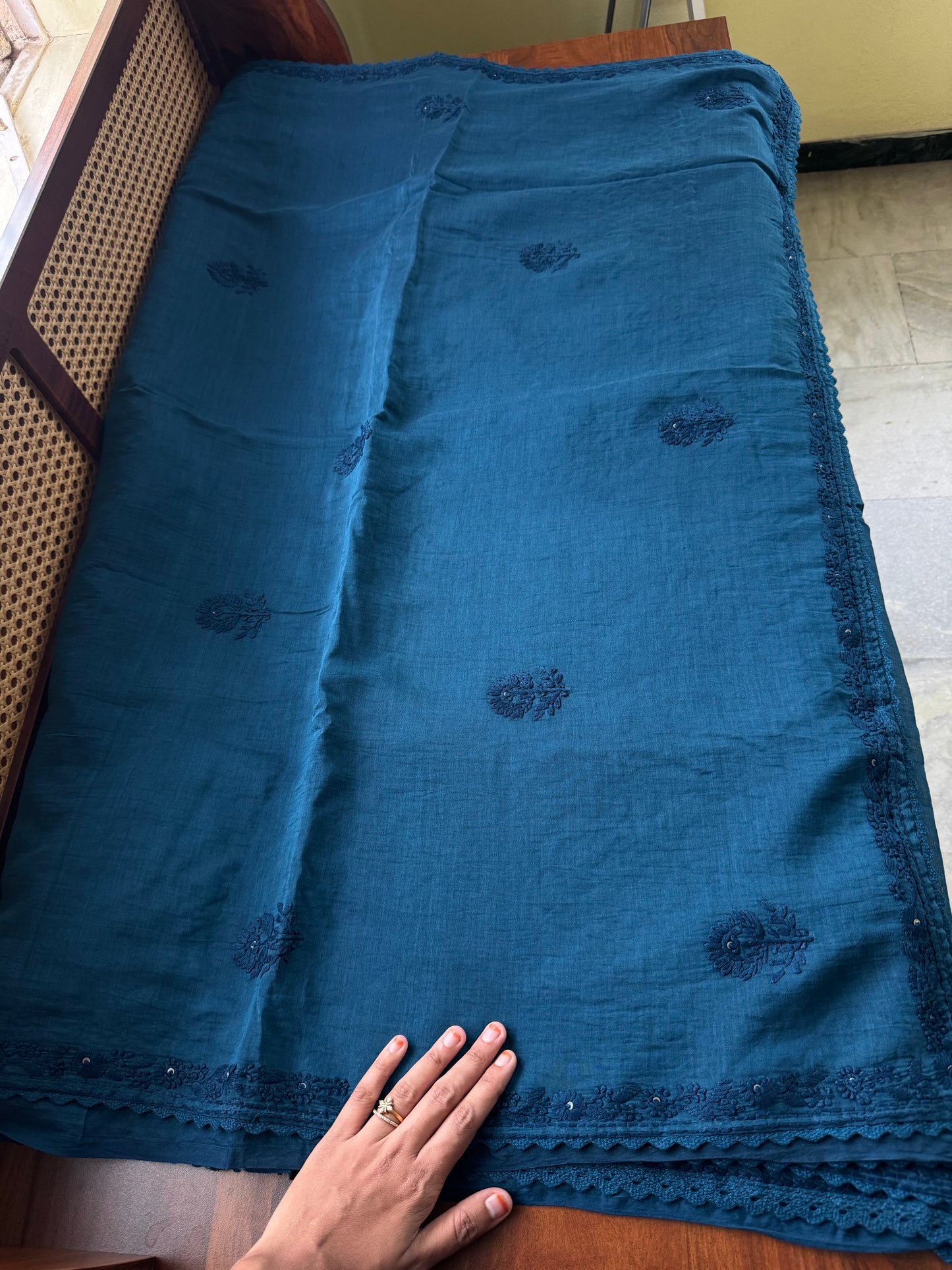 Pure Mul Chanderi Chikankari Saree with Jaal Heavy Blouse - Peacock Blue