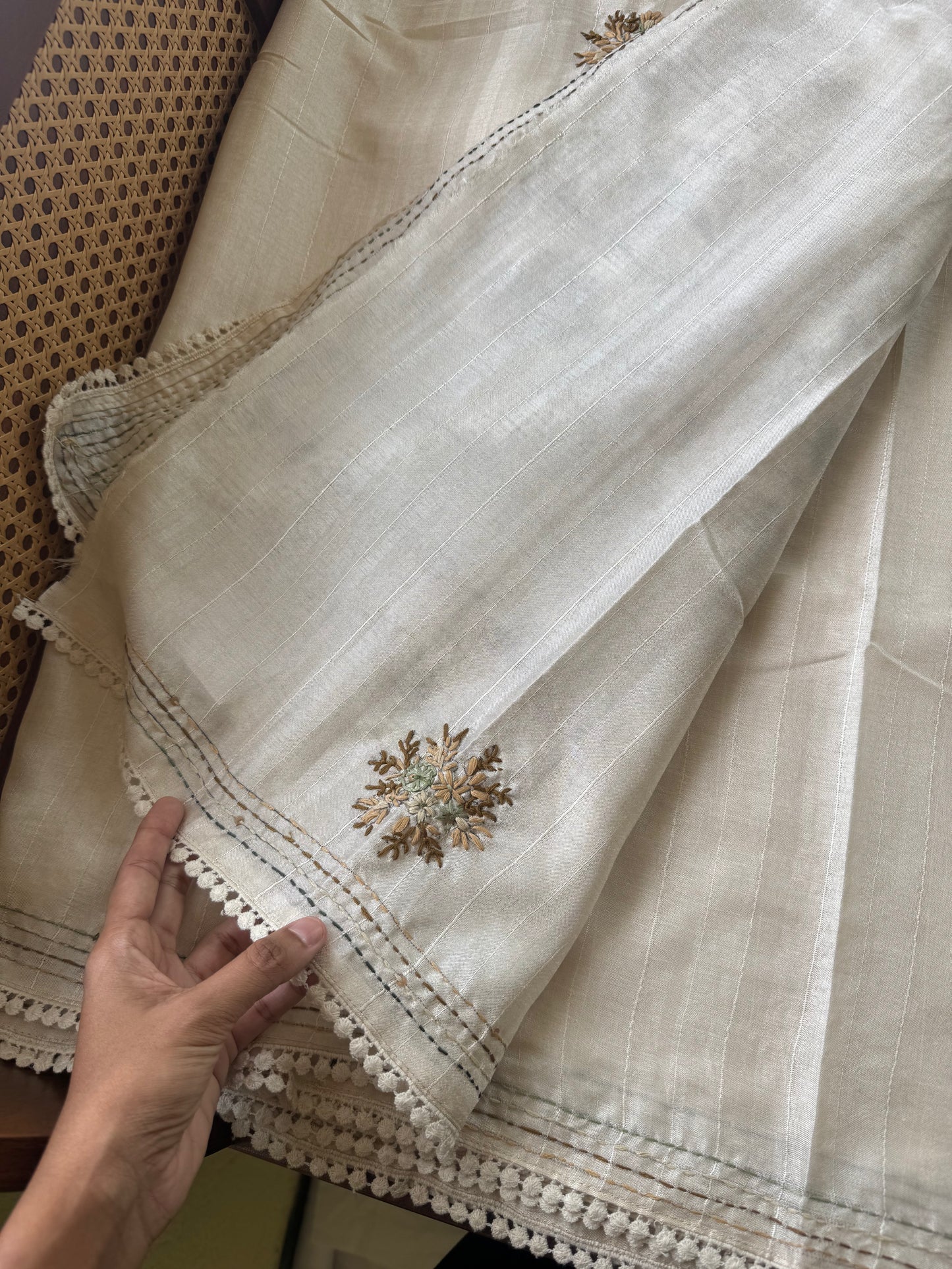 Premium Tussar Blend Saree with Handwork - Halfwhite & Green