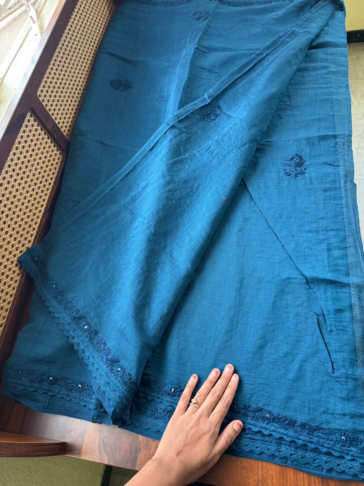 Pure Mul Chanderi Chikankari Saree with Jaal Heavy Blouse - Peacock Blue