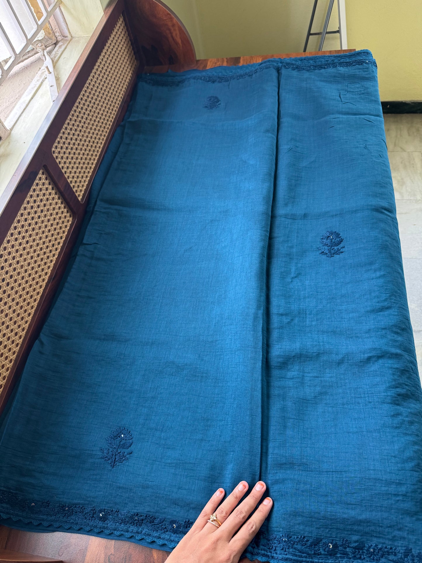 Pure Mul Chanderi Chikankari Saree with Jaal Heavy Blouse - Peacock Blue