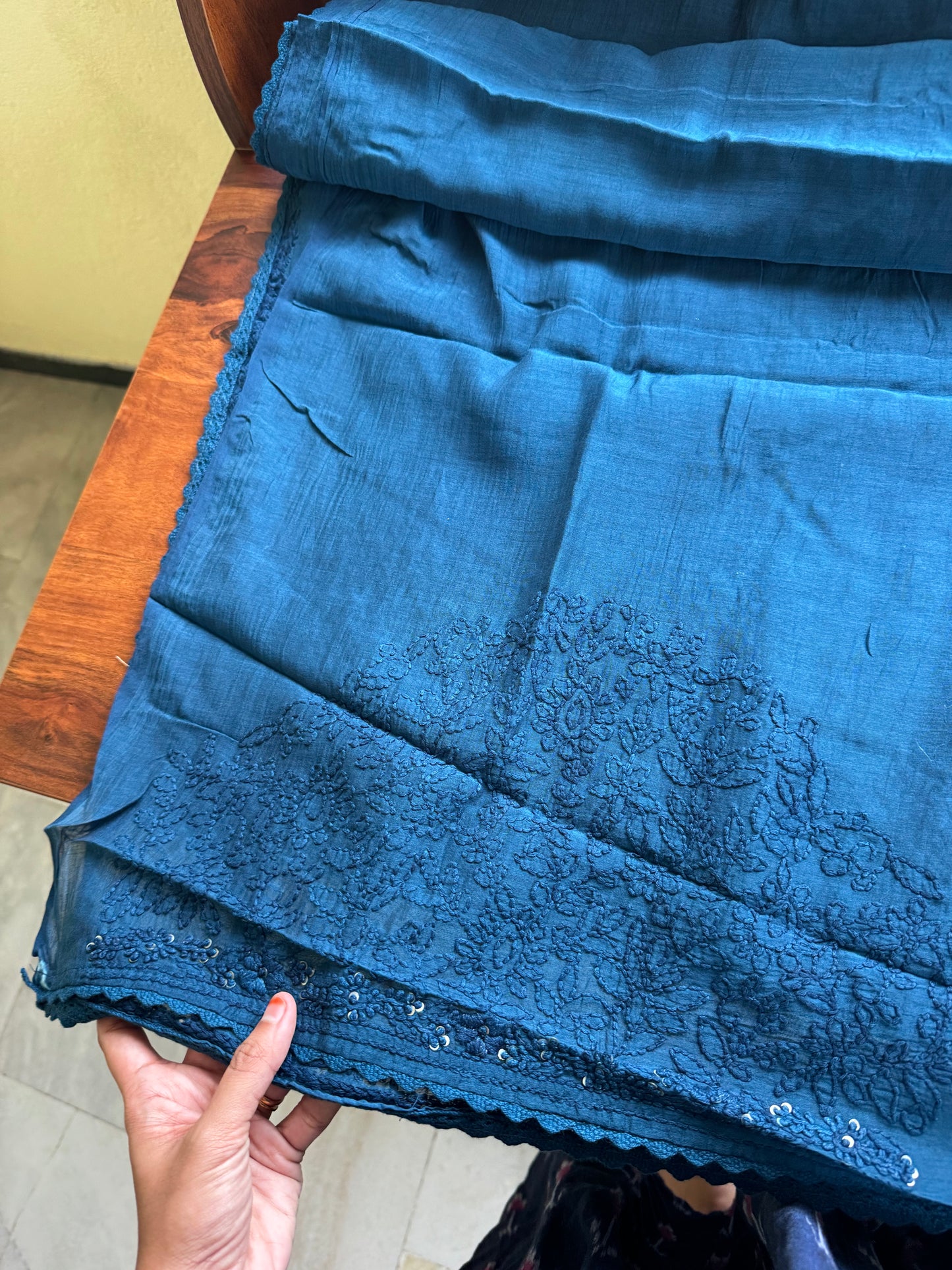 Pure Mul Chanderi Chikankari Saree with Jaal Heavy Blouse - Peacock Blue