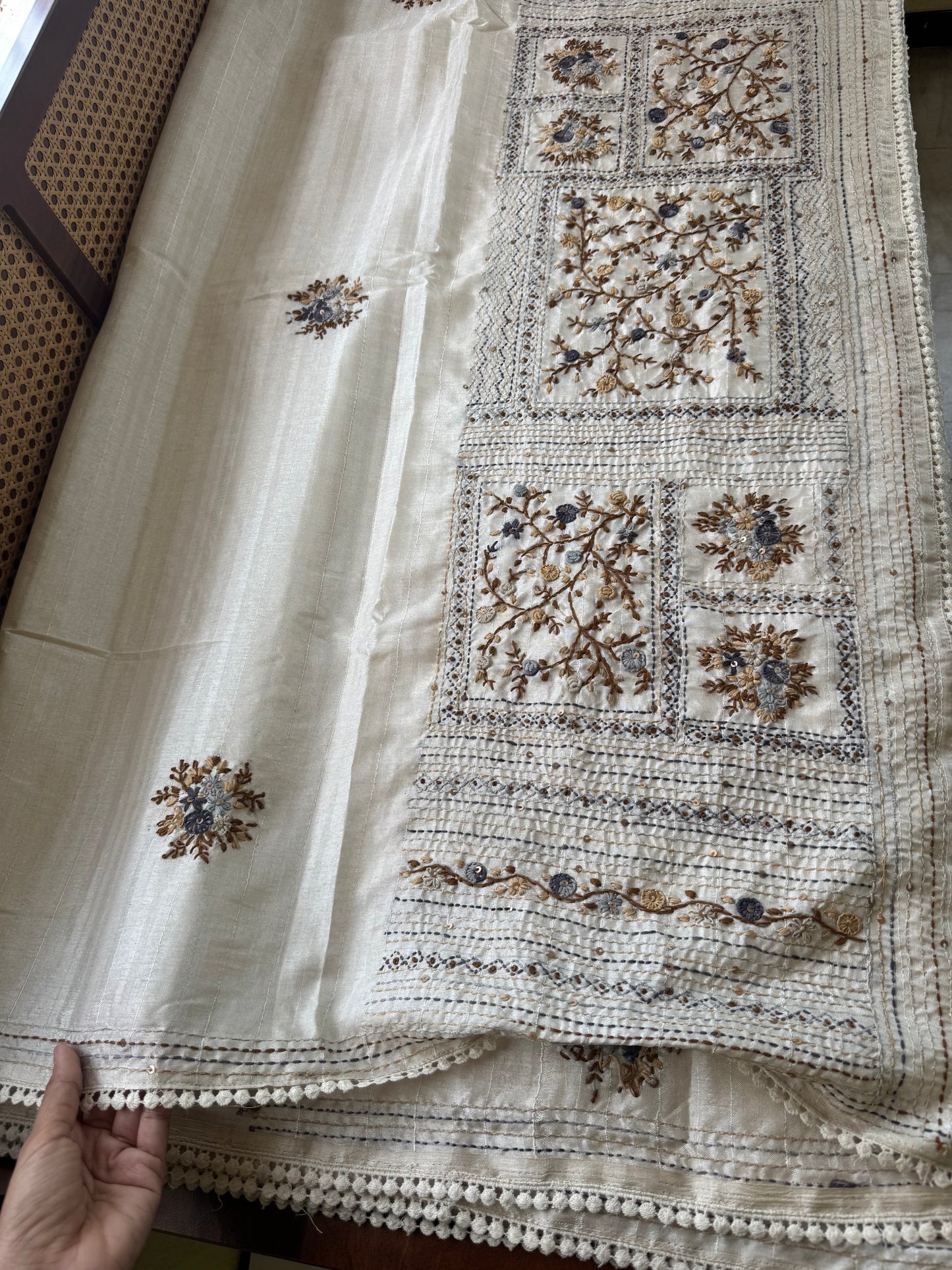 Premium Tussar Blend Saree with Handwork - Halfwhite & Grey