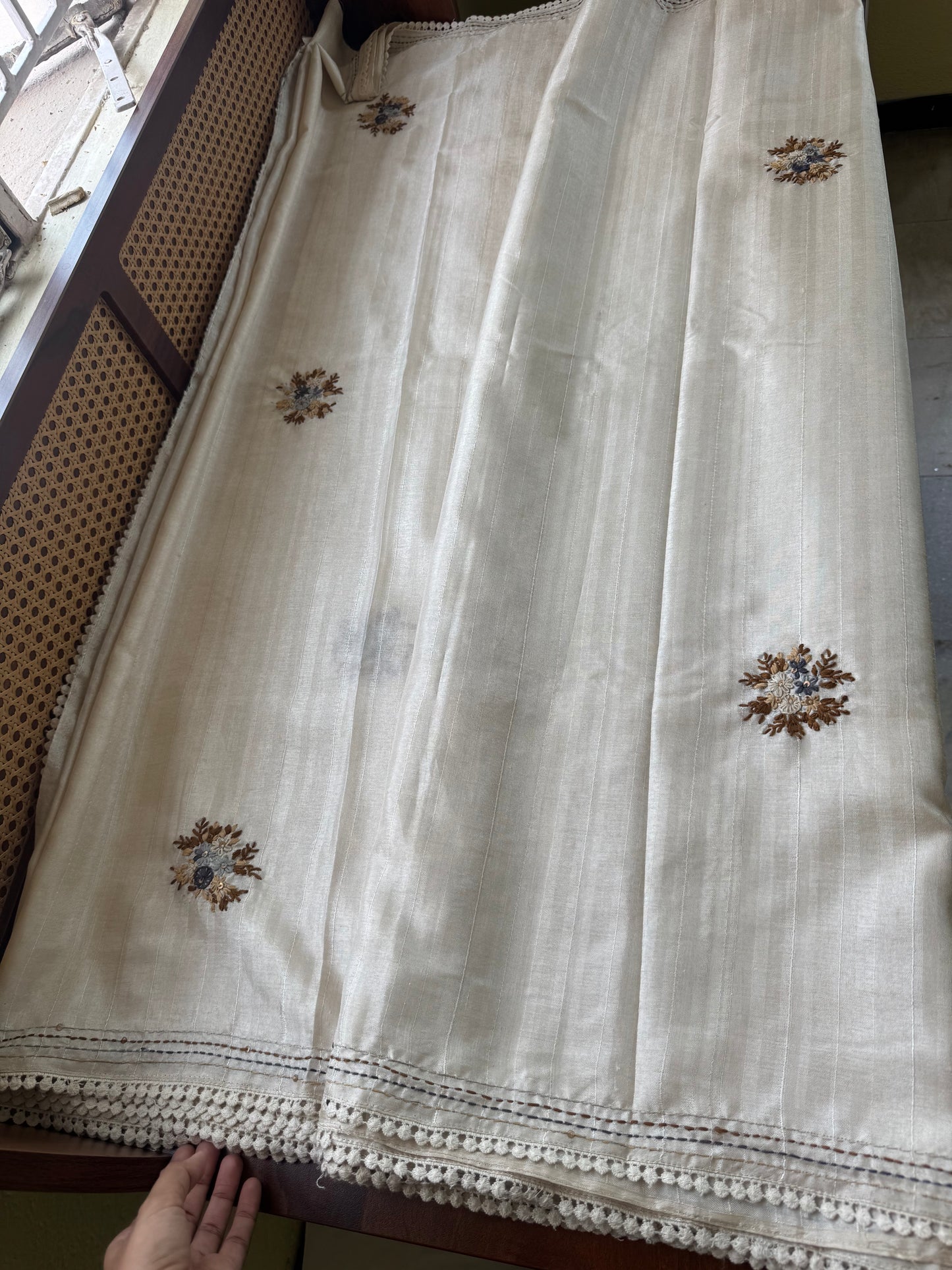 Premium Tussar Blend Saree with Handwork - Halfwhite & Grey