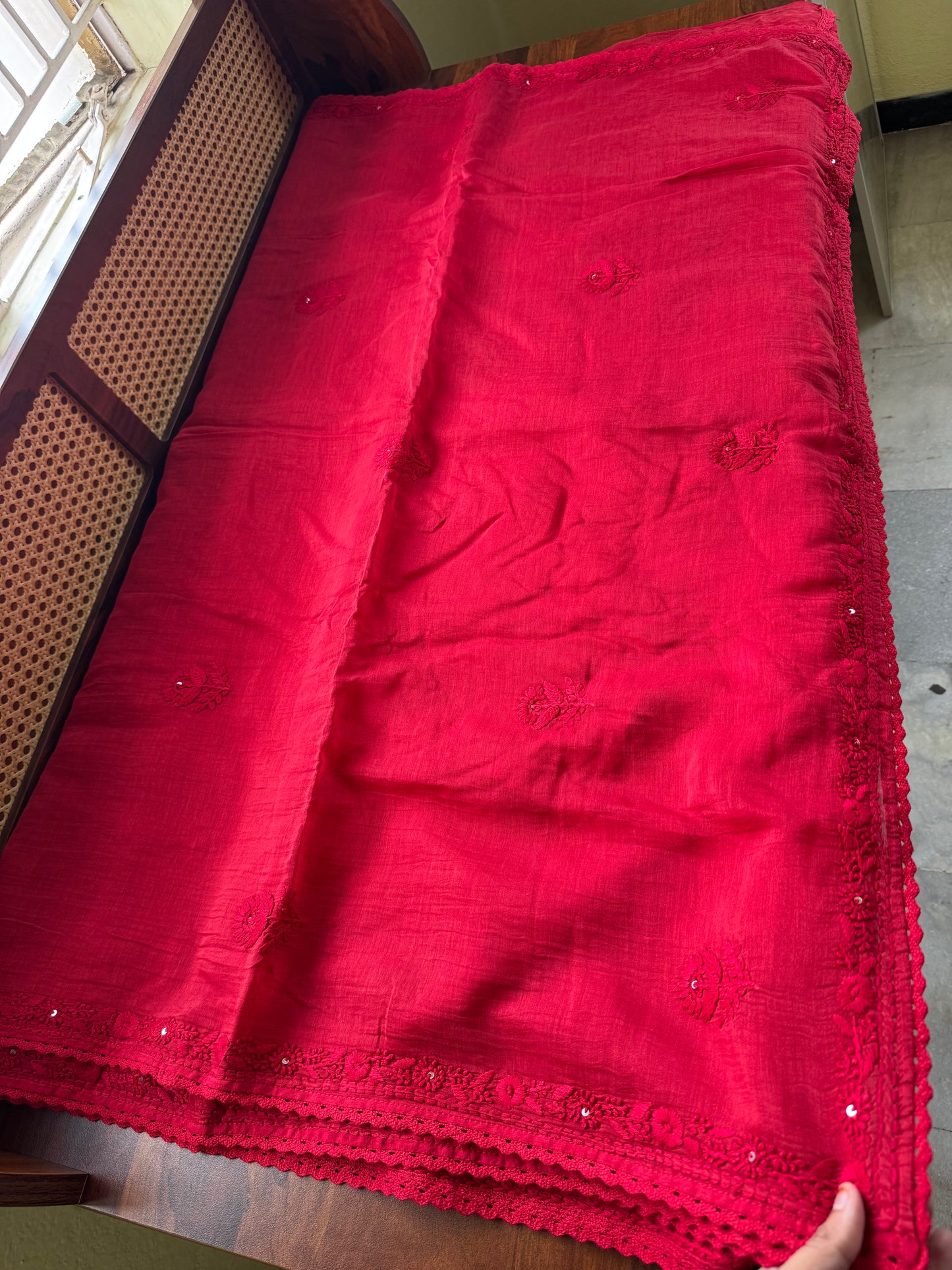 Pure Mul Chanderi Chikankari Saree with Jaal Heavy Blouse - Red