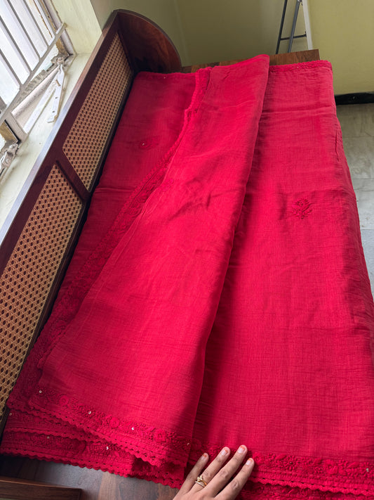 Pure Mul Chanderi Chikankari Saree with Jaal Heavy Blouse - Red