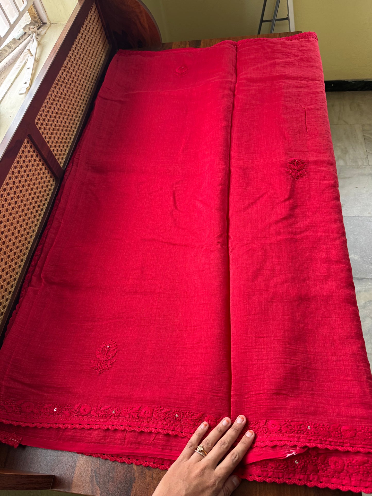 Pure Mul Chanderi Chikankari Saree with Jaal Heavy Blouse - Red
