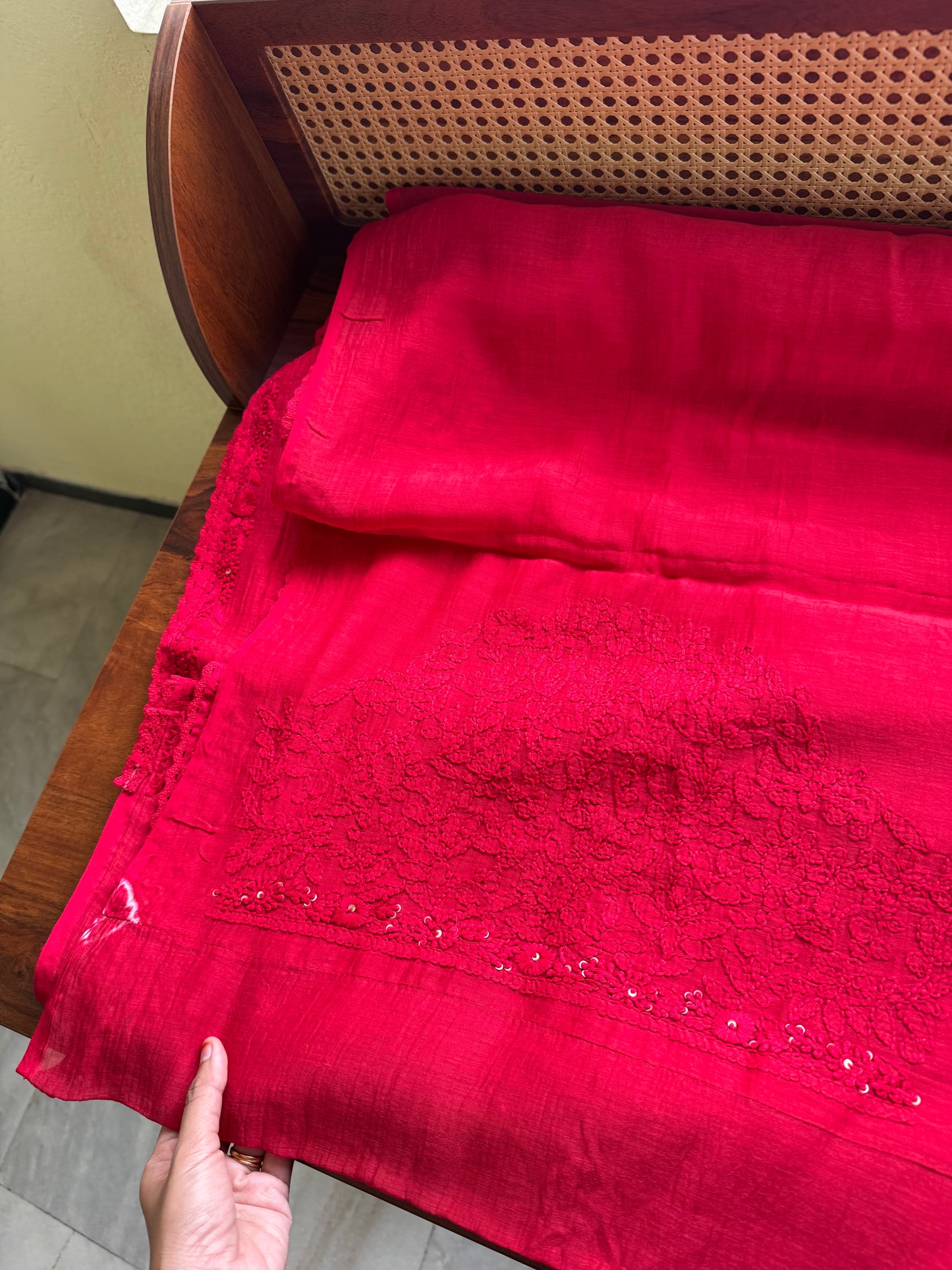 Pure Mul Chanderi Chikankari Saree with Jaal Heavy Blouse - Red