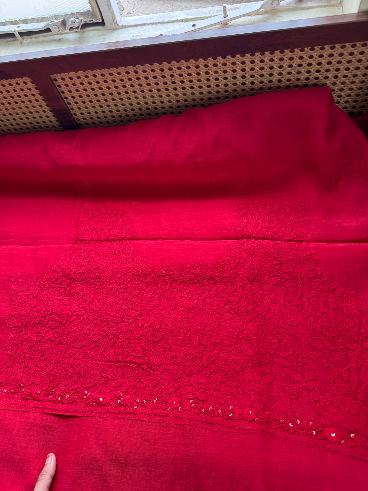 Pure Mul Chanderi Chikankari Saree with Jaal Heavy Blouse - Red