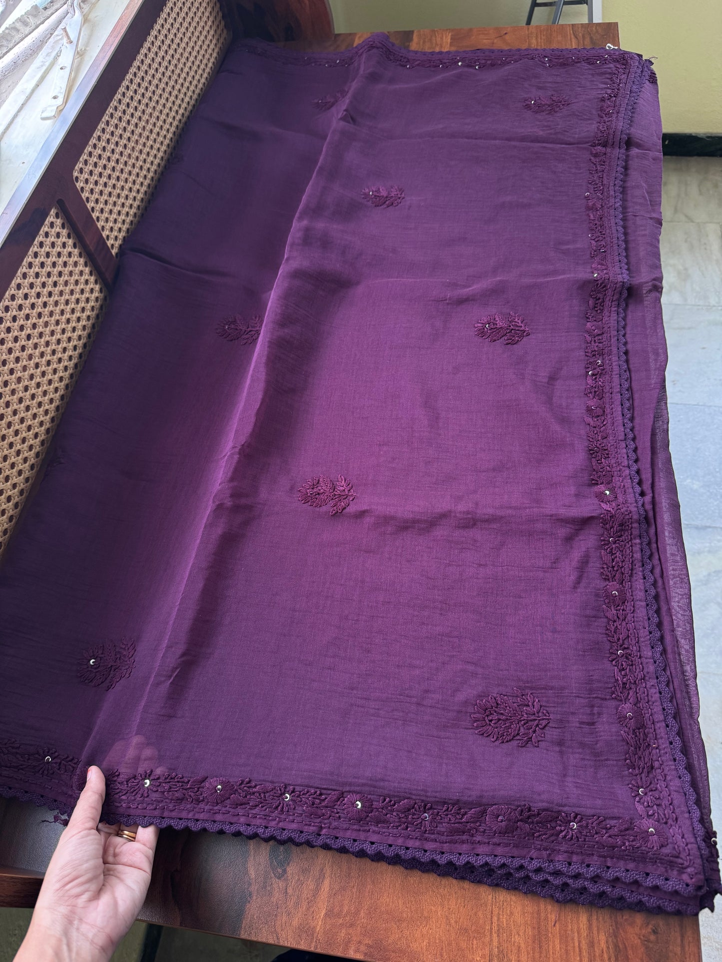 Pure Mul Chanderi Chikankari Saree with Jaal Heavy Blouse - Purple