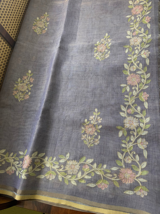 Tissue Linen Saree with Aari work - Lavender