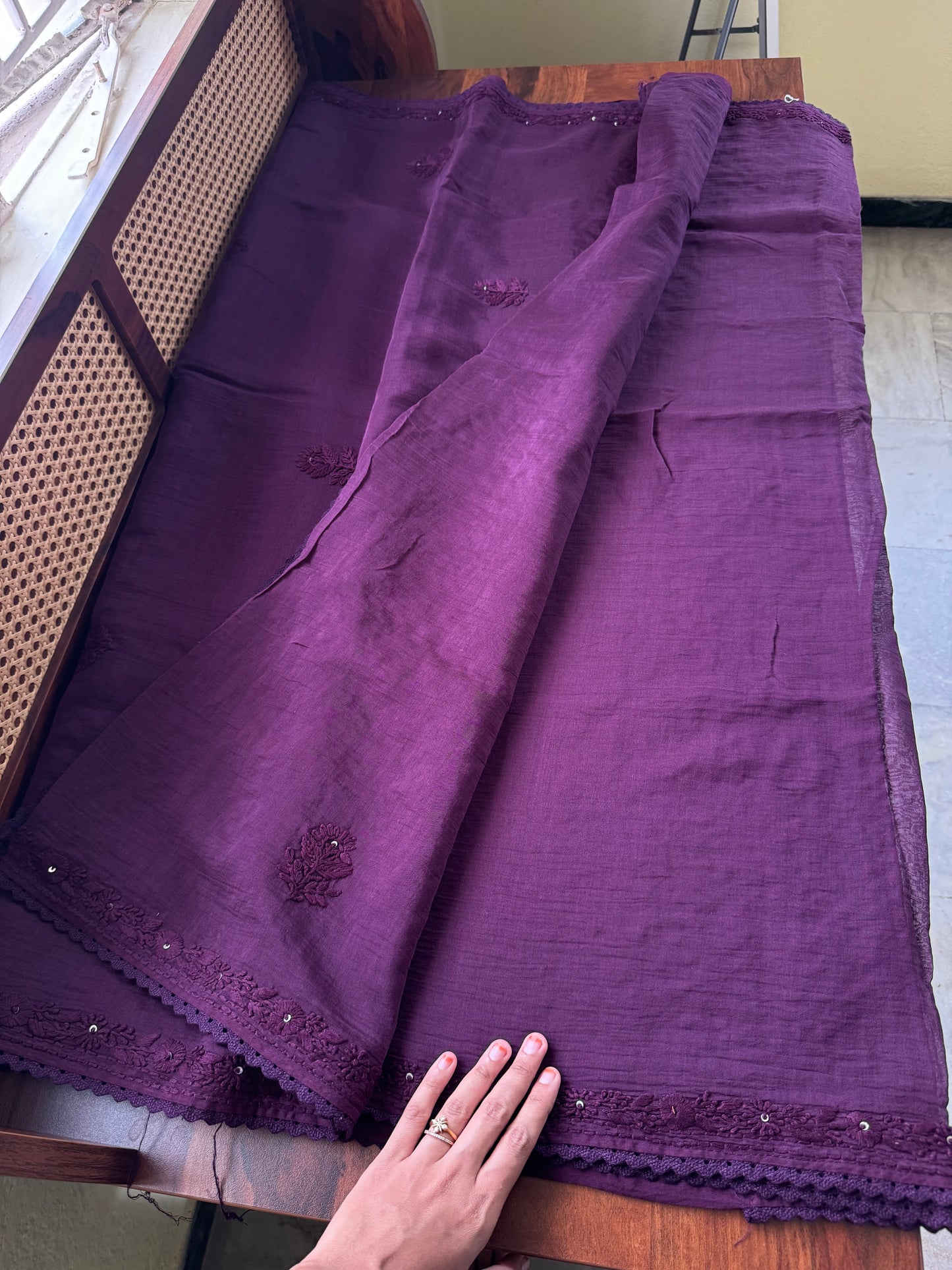 Pure Mul Chanderi Chikankari Saree with Jaal Heavy Blouse - Purple