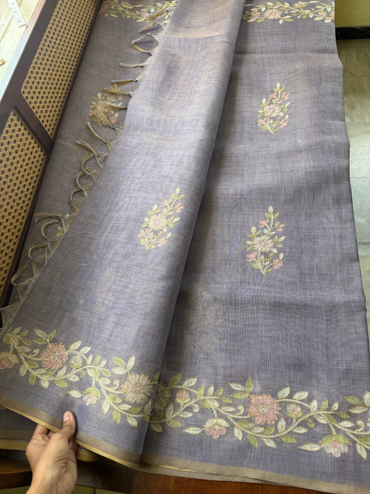 Tissue Linen Saree with Aari work - Lavender
