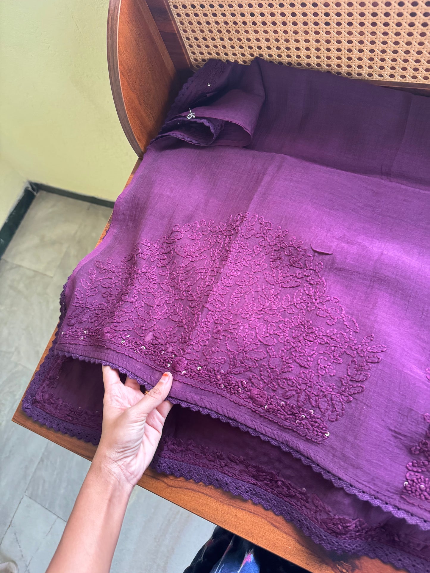 Pure Mul Chanderi Chikankari Saree with Jaal Heavy Blouse - Purple