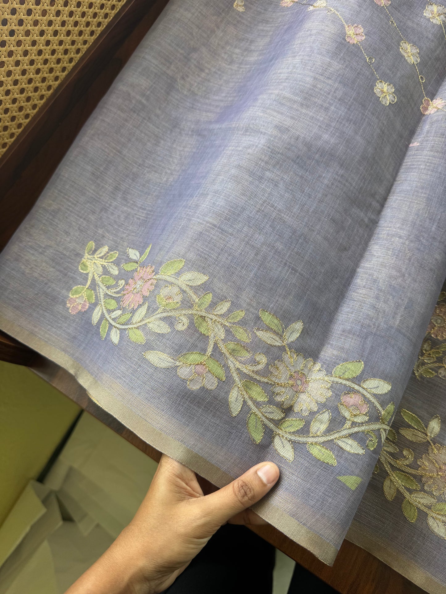 Tissue Linen Saree with Aari work - Lavender