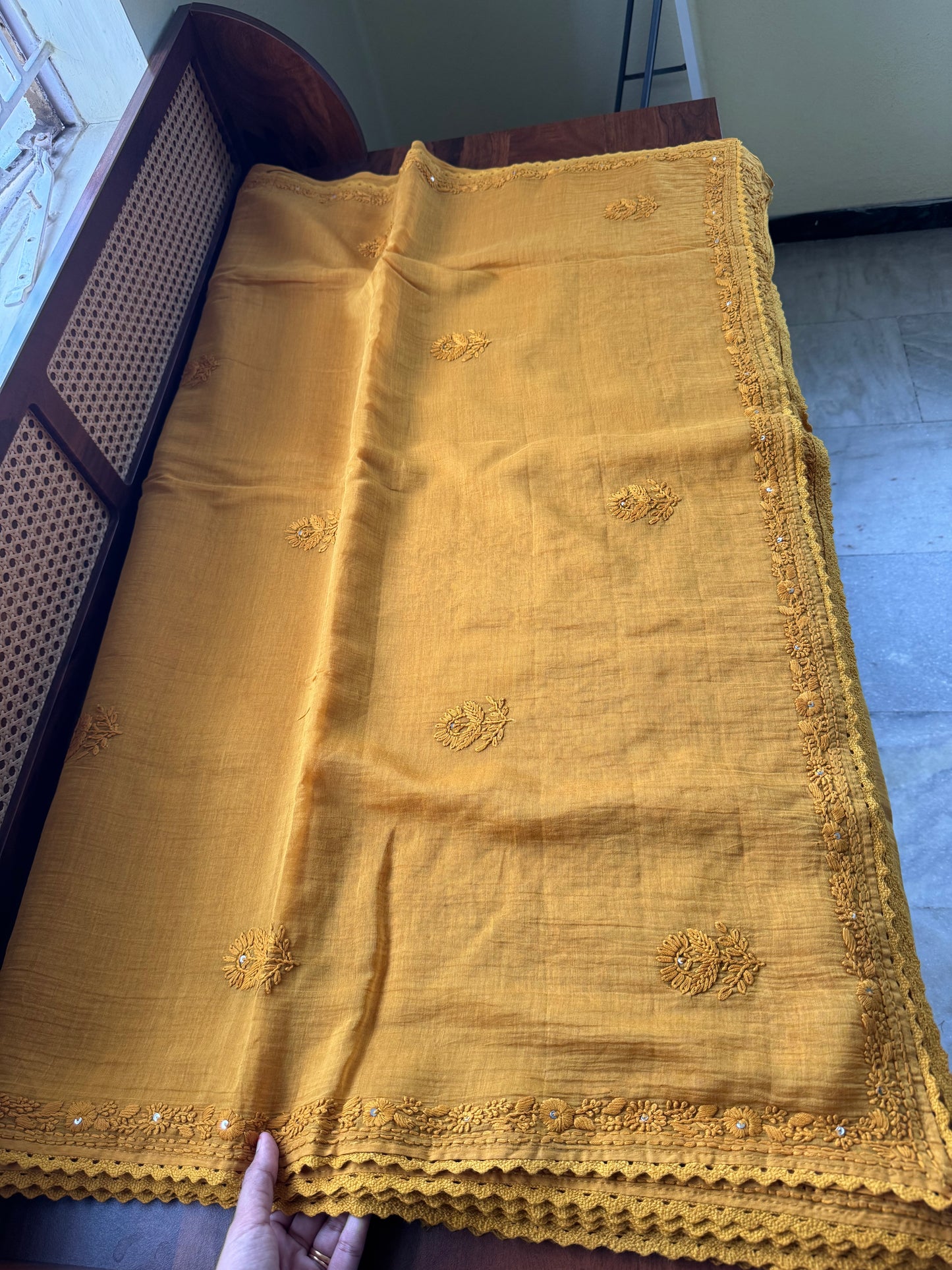 Pure Mul Chanderi Chikankari Saree with Jaal Heavy Blouse - Mustard Yellow
