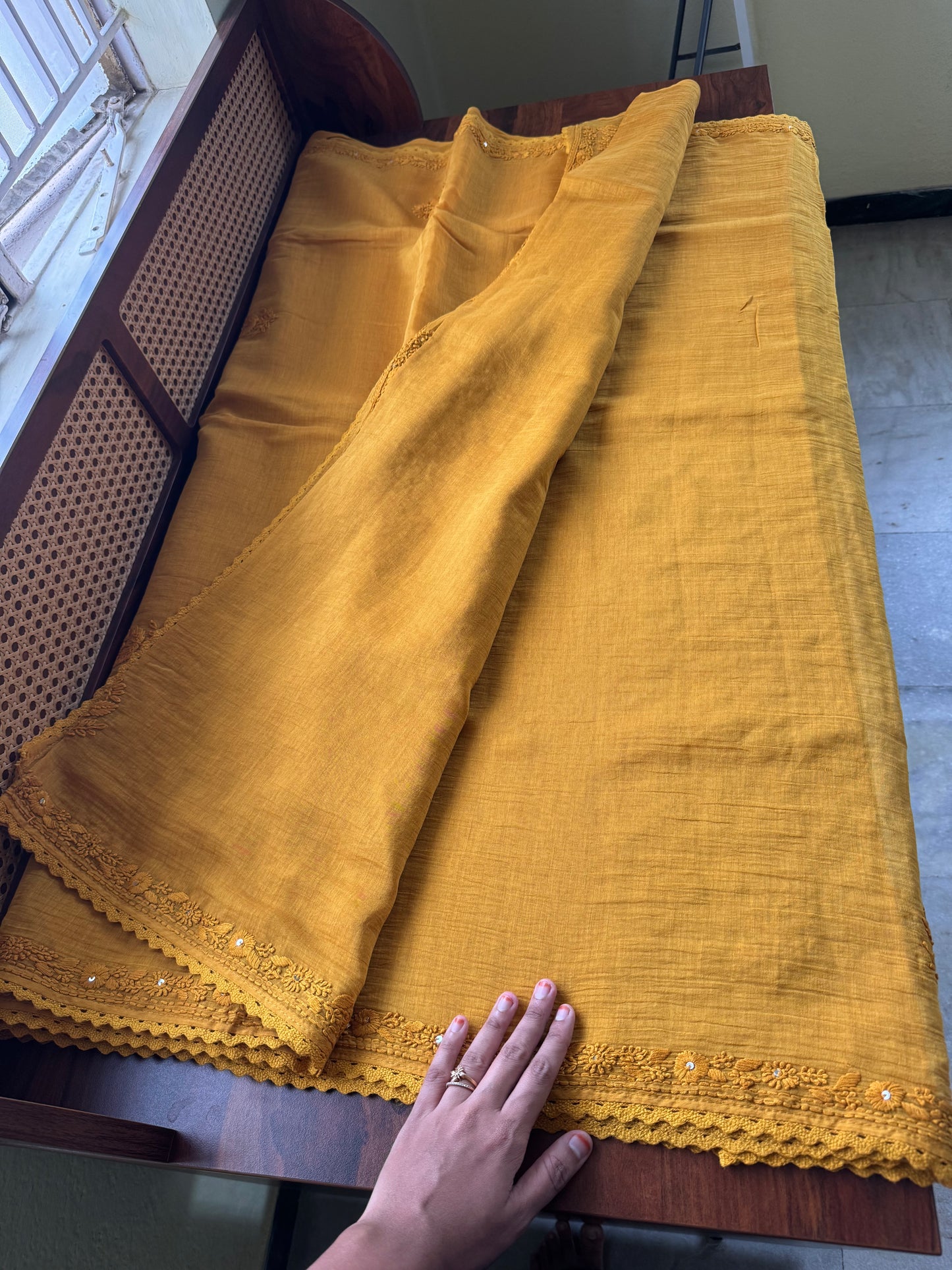 Pure Mul Chanderi Chikankari Saree with Jaal Heavy Blouse - Mustard Yellow