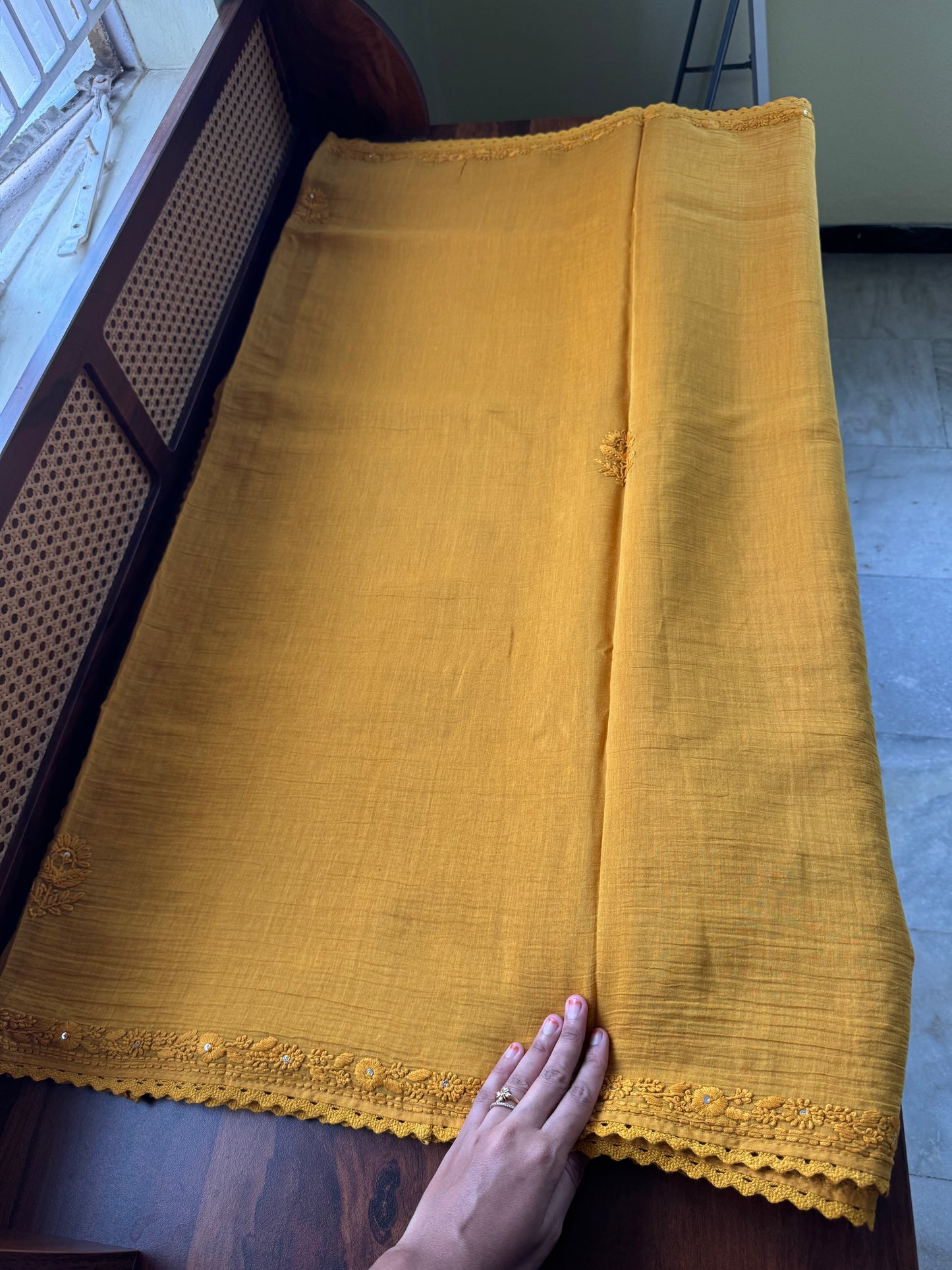 Pure Mul Chanderi Chikankari Saree with Jaal Heavy Blouse - Mustard Yellow
