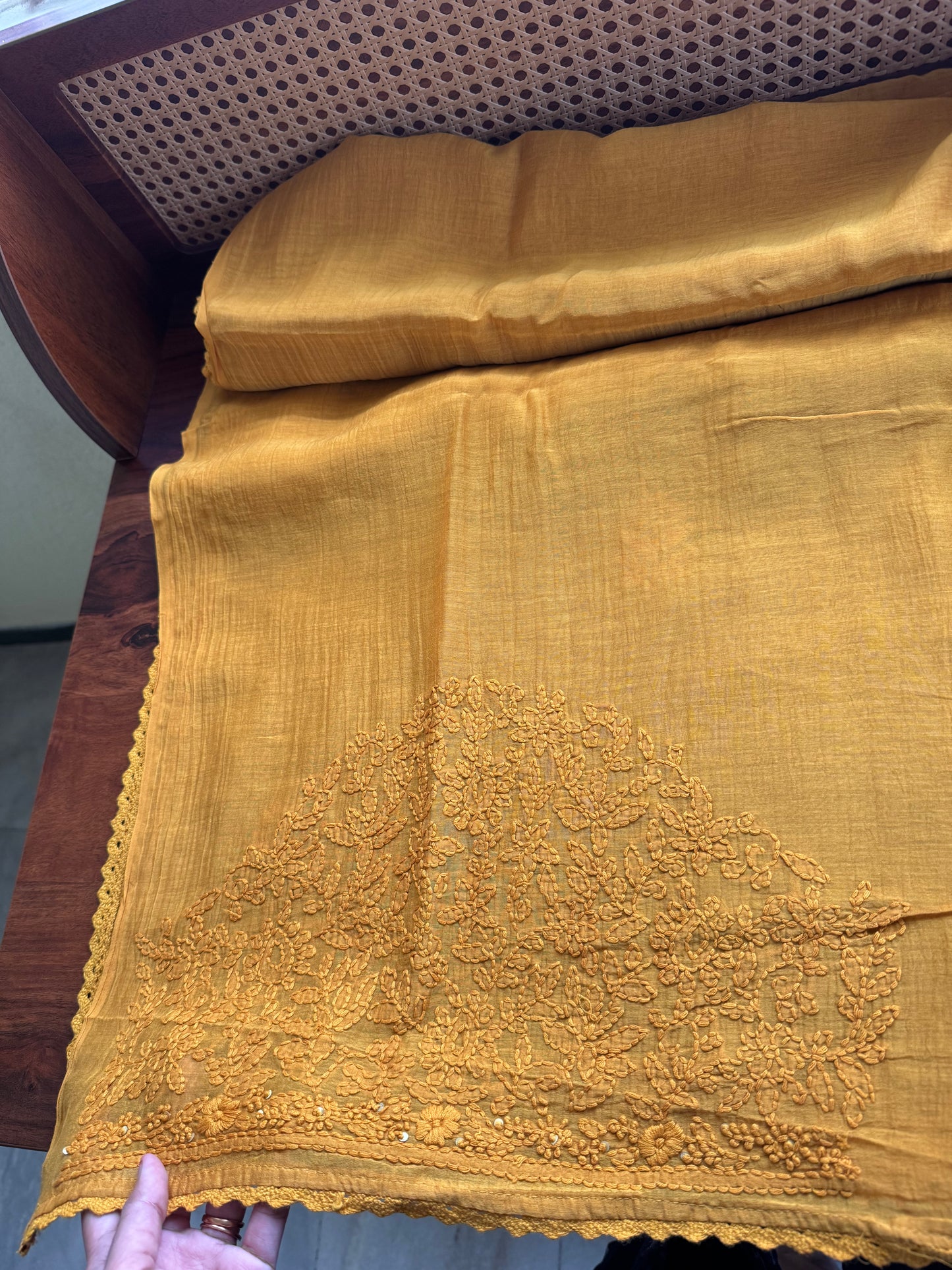 Pure Mul Chanderi Chikankari Saree with Jaal Heavy Blouse - Mustard Yellow