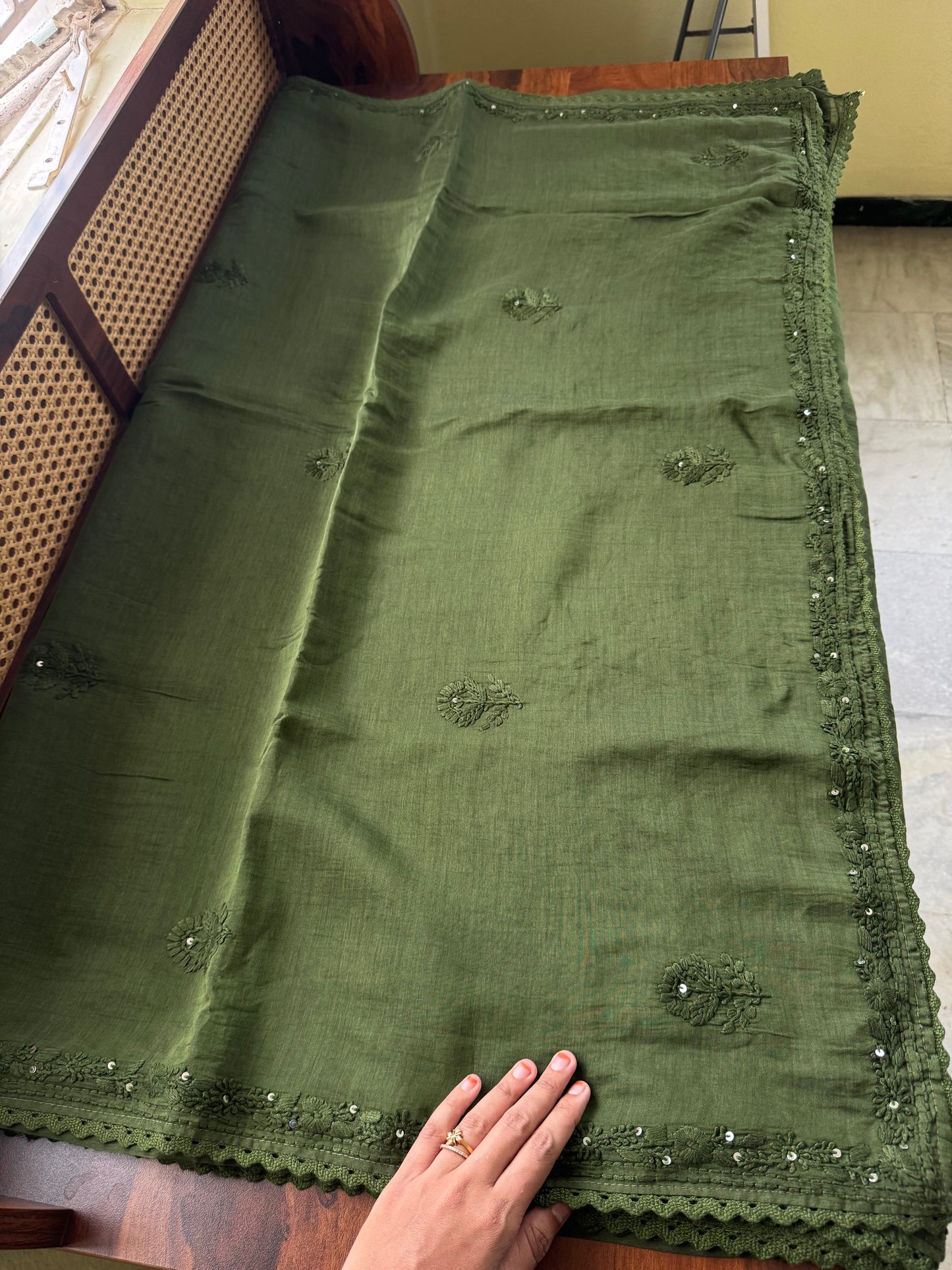 Pure Mul Chanderi Chikankari Saree with Jaal Heavy Blouse - Green