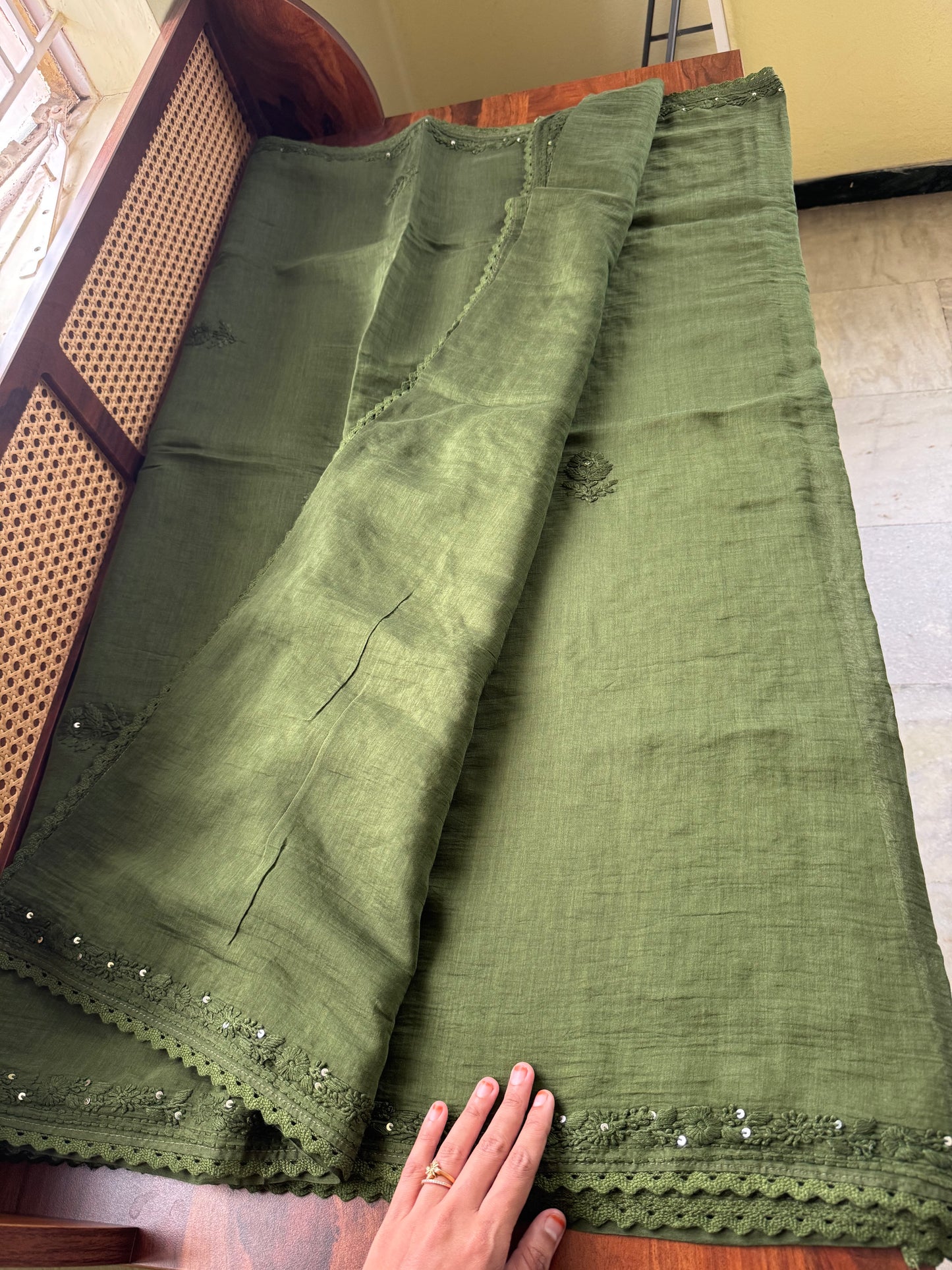 Pure Mul Chanderi Chikankari Saree with Jaal Heavy Blouse - Green
