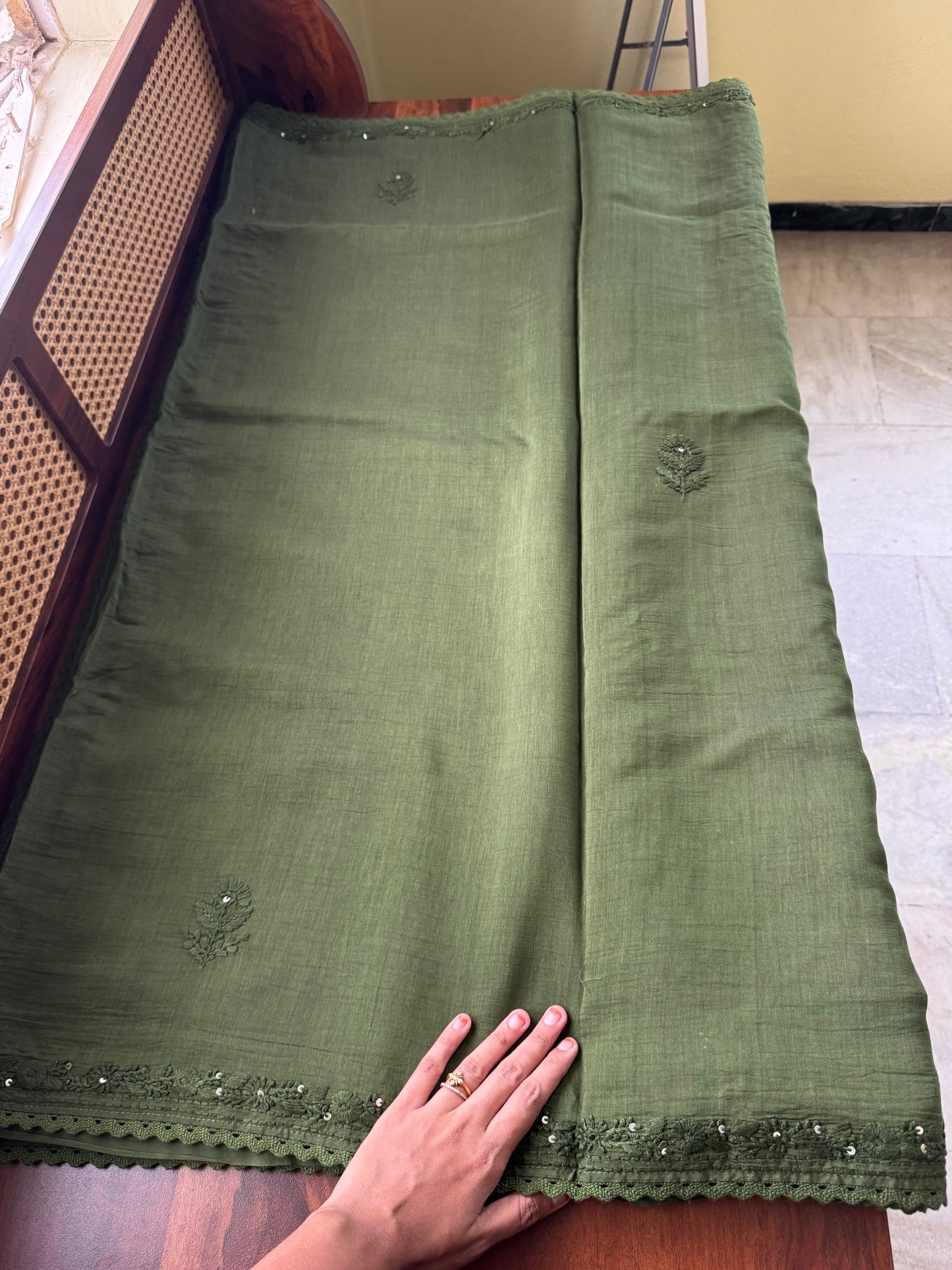 Pure Mul Chanderi Chikankari Saree with Jaal Heavy Blouse - Green