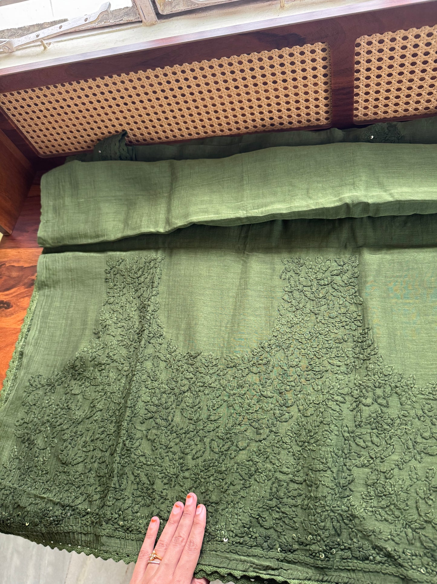 Pure Mul Chanderi Chikankari Saree with Jaal Heavy Blouse - Green