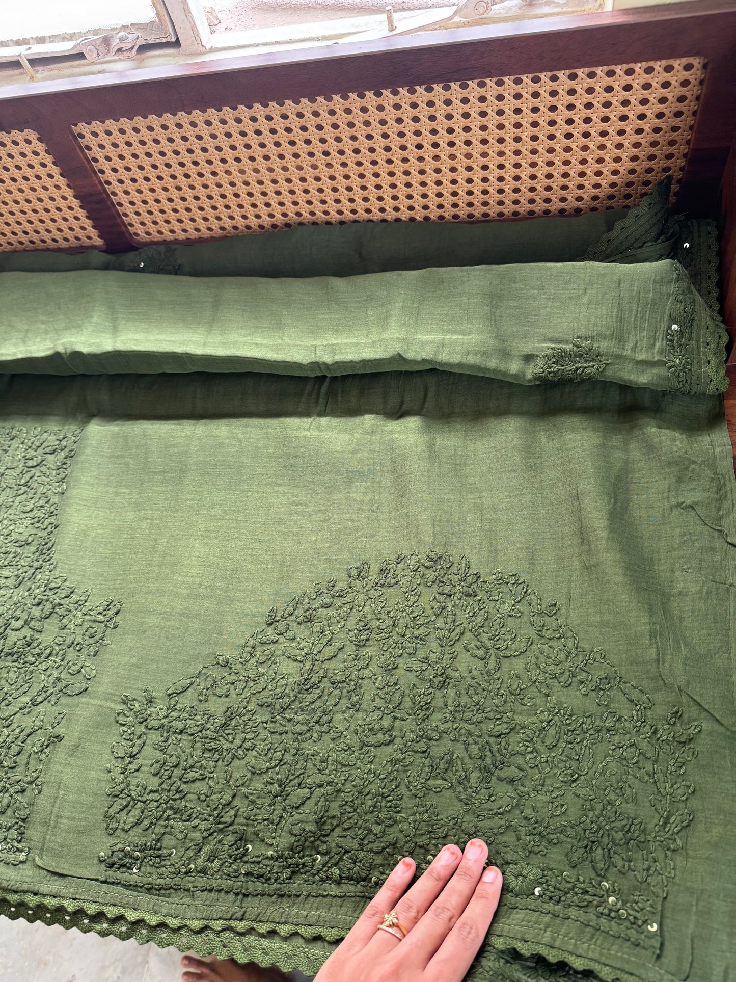 Pure Mul Chanderi Chikankari Saree with Jaal Heavy Blouse - Green