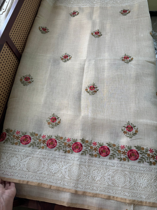 Premium Tissue Linen Sarees - Half White & Cherry Red
