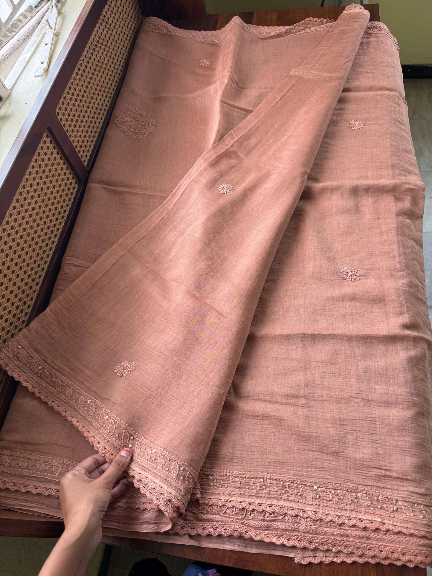 Pure Mul Chanderi Chikankari Saree - Pastel Peach