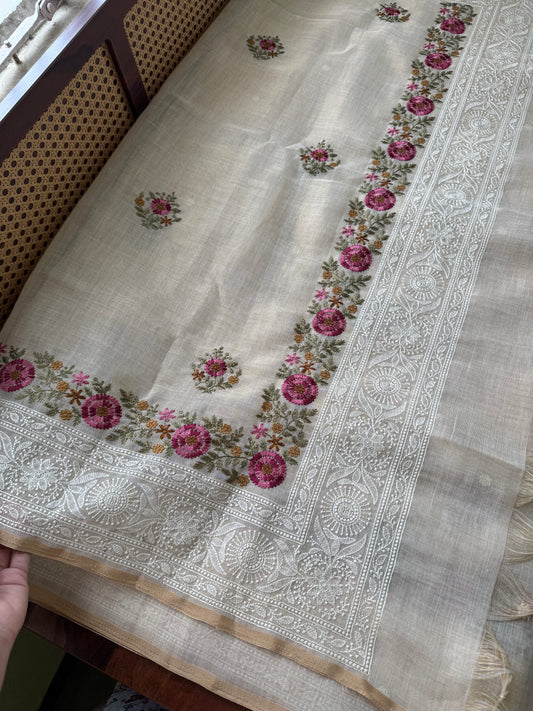 Premium Tissue Linen Sarees - Half White & Pink