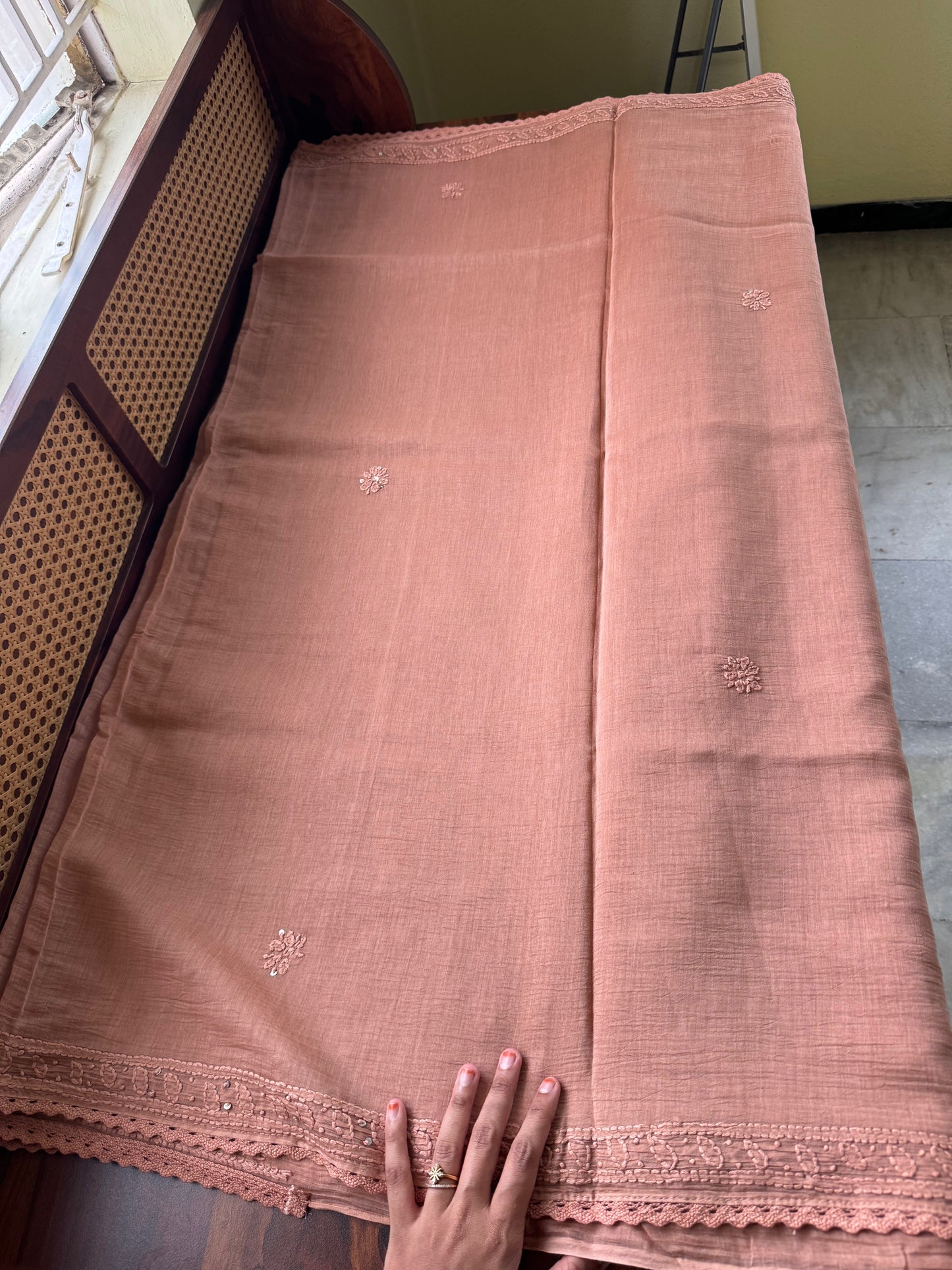Pure Mul Chanderi Chikankari Saree - Pastel Peach