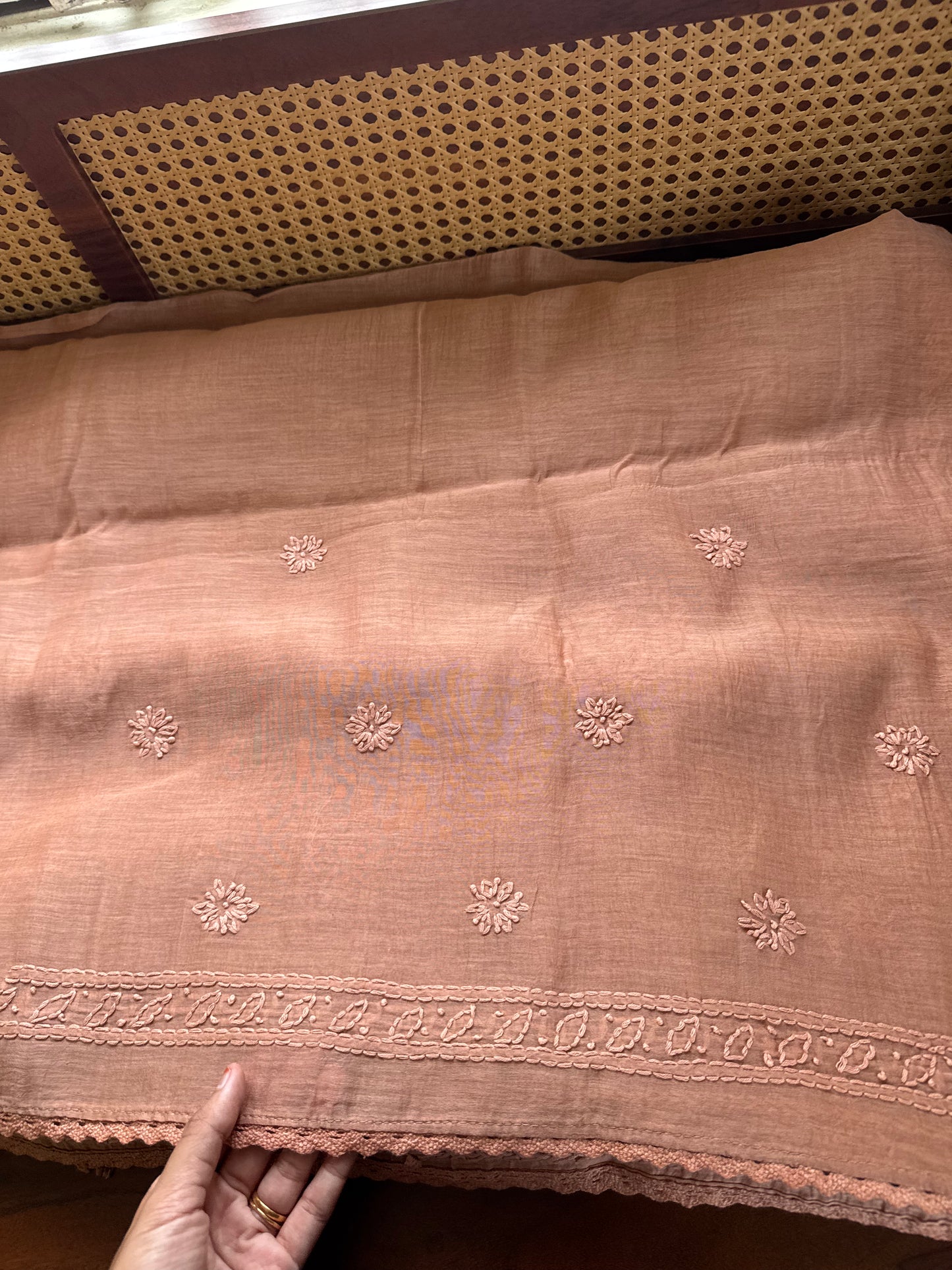 Pure Mul Chanderi Chikankari Saree - Pastel Peach