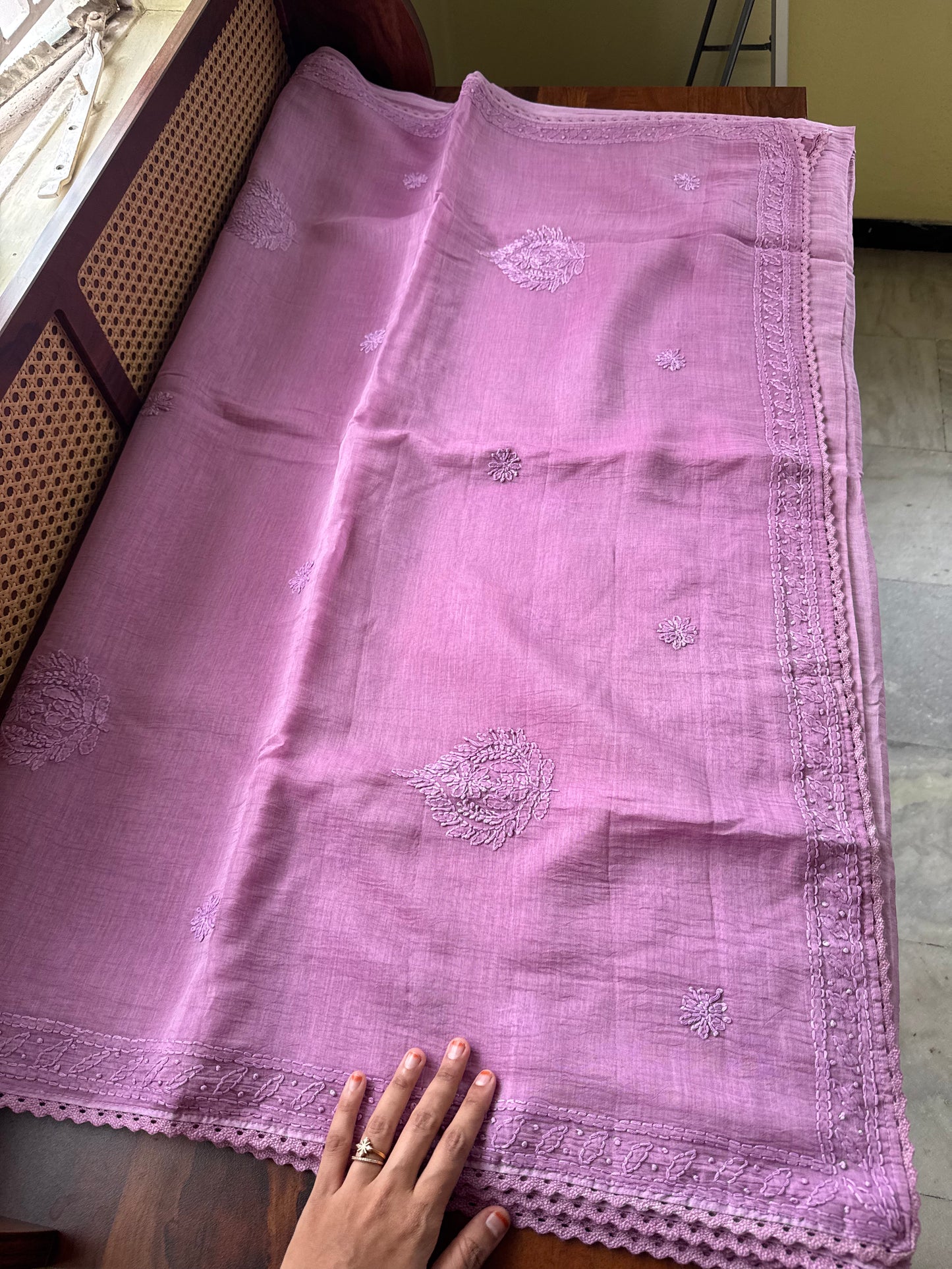 Pure Mul Chanderi Chikankari Saree - Lavender