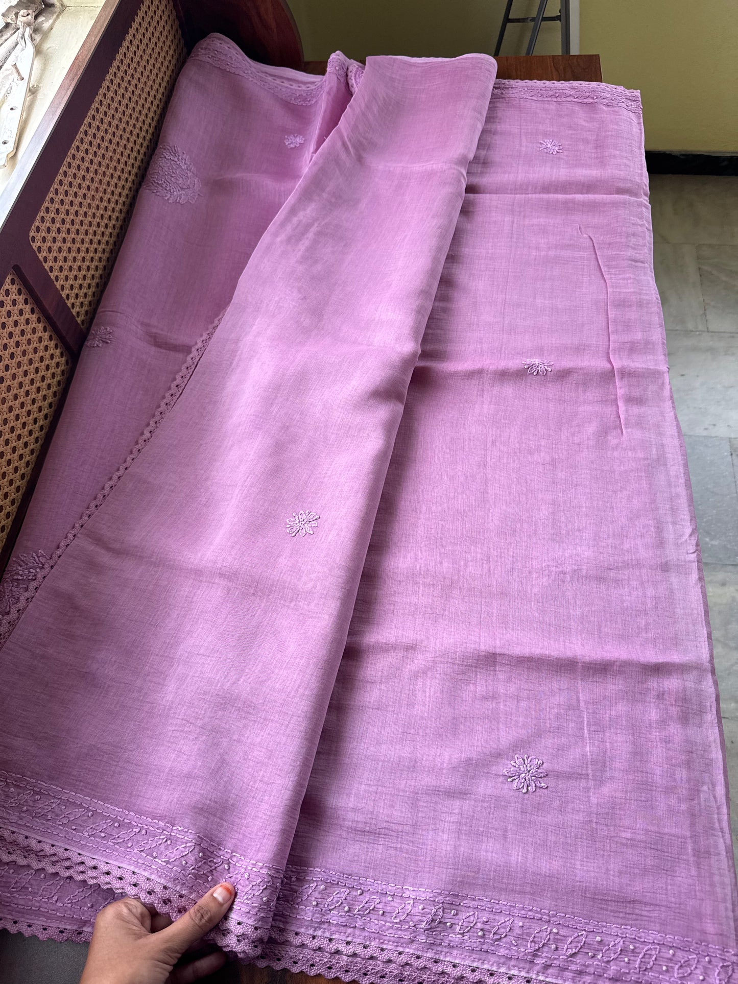 Pure Mul Chanderi Chikankari Saree - Lavender