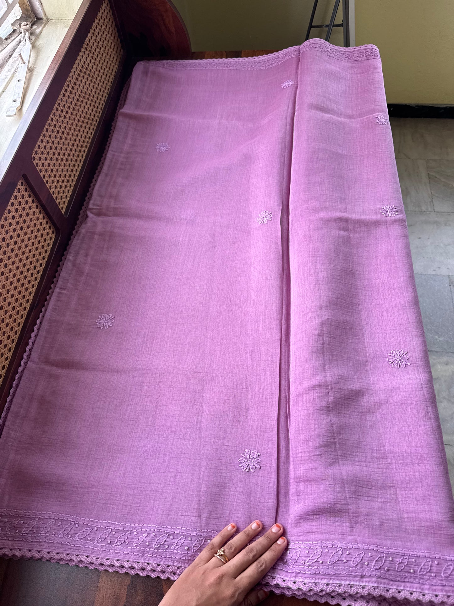Pure Mul Chanderi Chikankari Saree - Lavender
