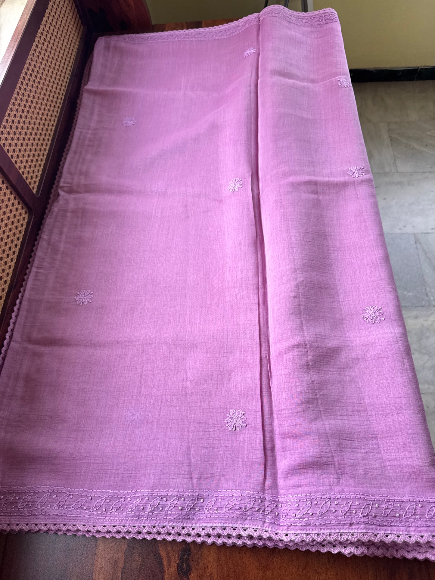 Pure Mul Chanderi Chikankari Saree - Lavender