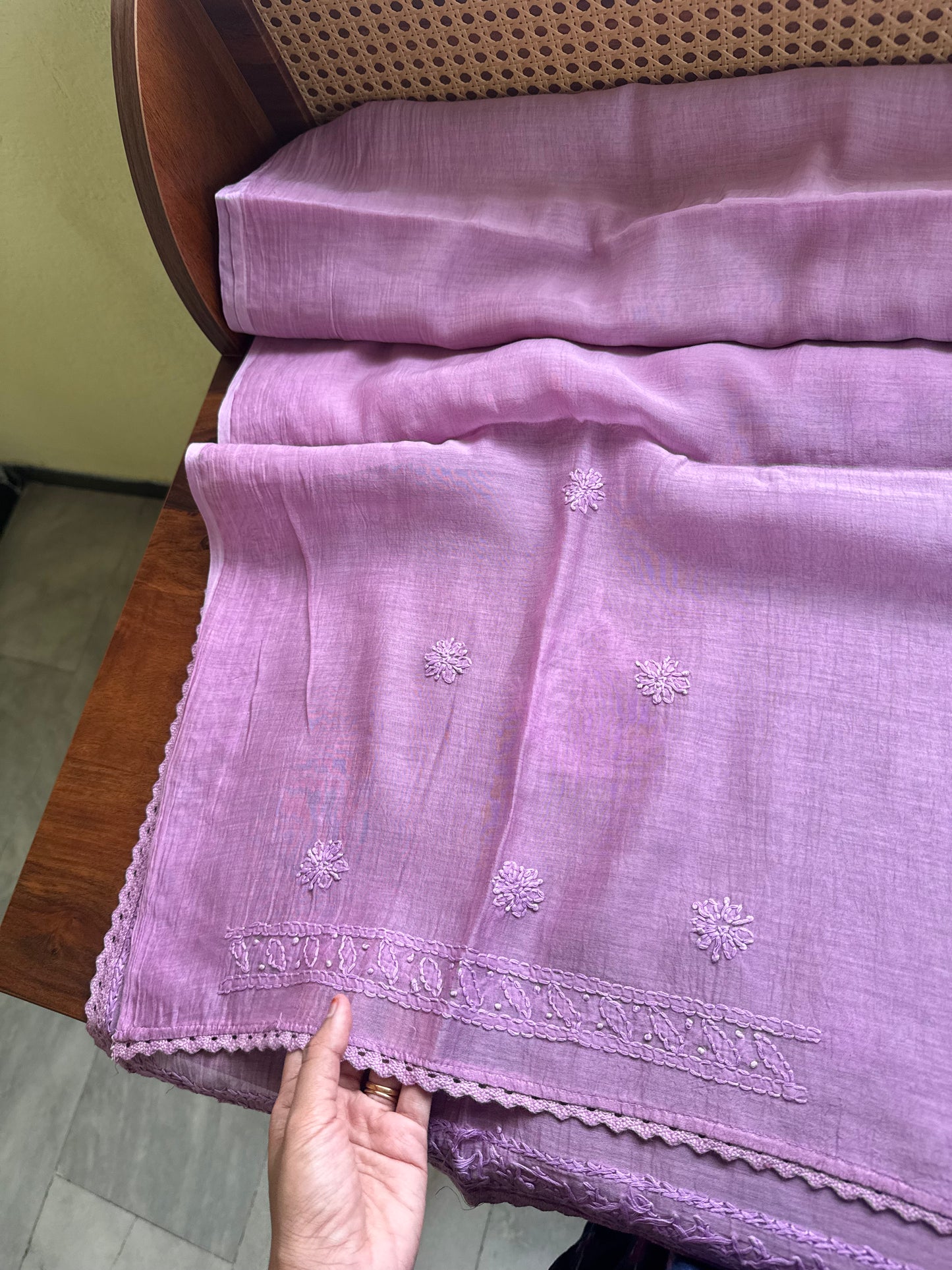 Pure Mul Chanderi Chikankari Saree - Lavender