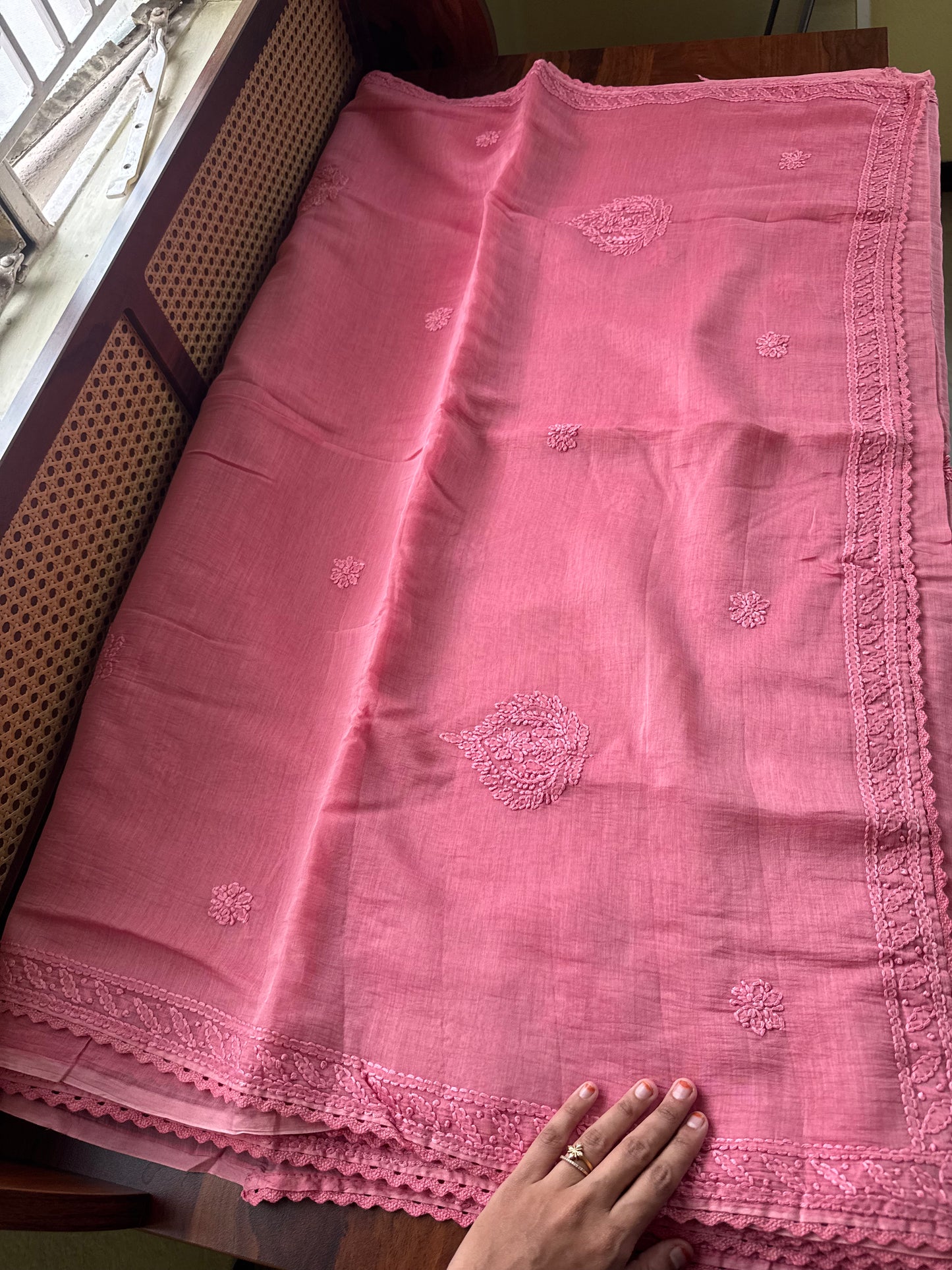 Pure Mul Chanderi Chikankari Saree - Candy Pink