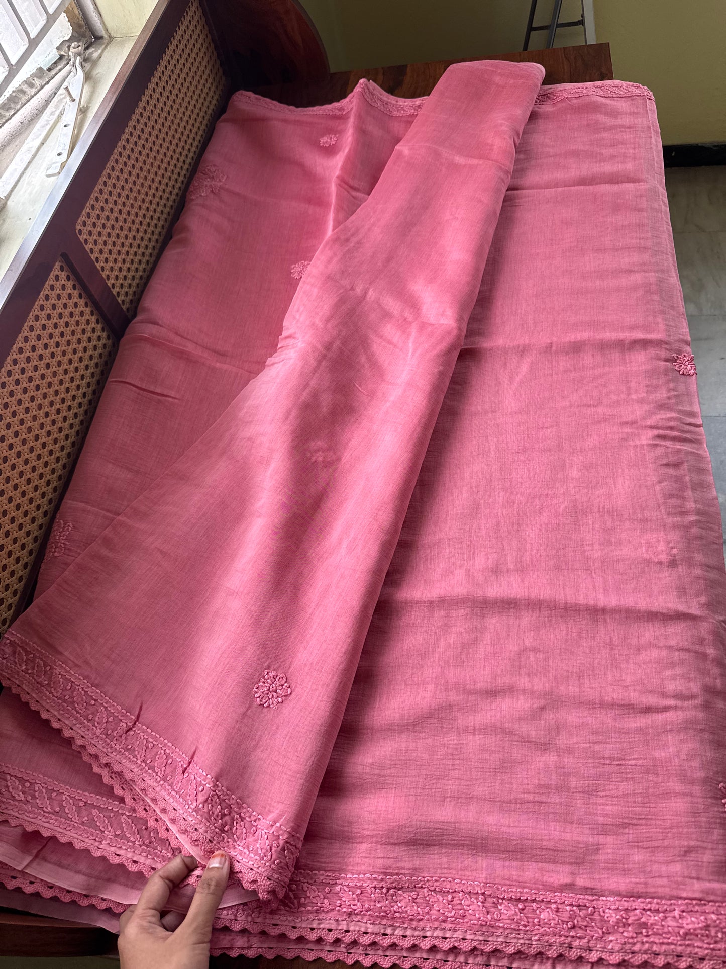 Pure Mul Chanderi Chikankari Saree - Candy Pink