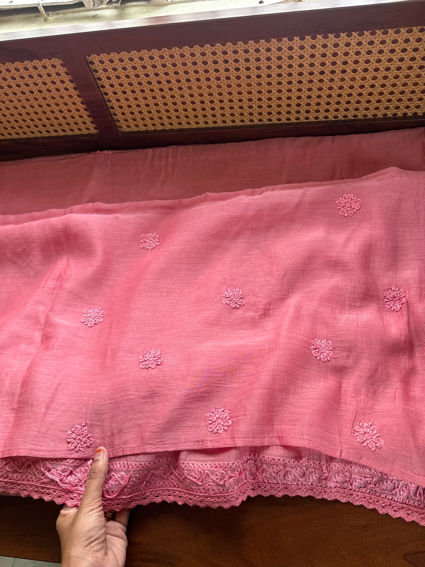 Pure Mul Chanderi Chikankari Saree - Candy Pink