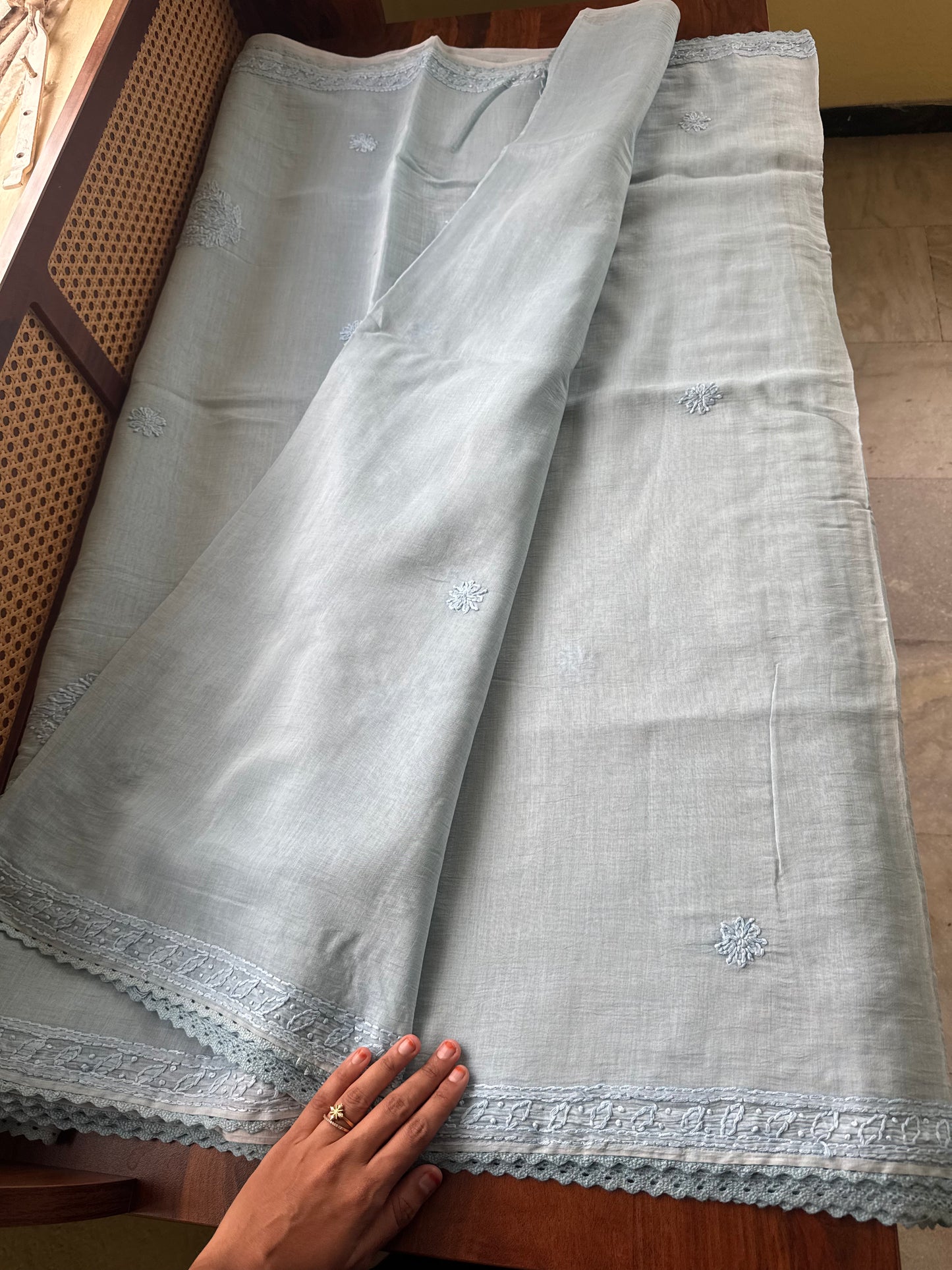 Pure Mul Chanderi Chikankari Saree - Baby Blue