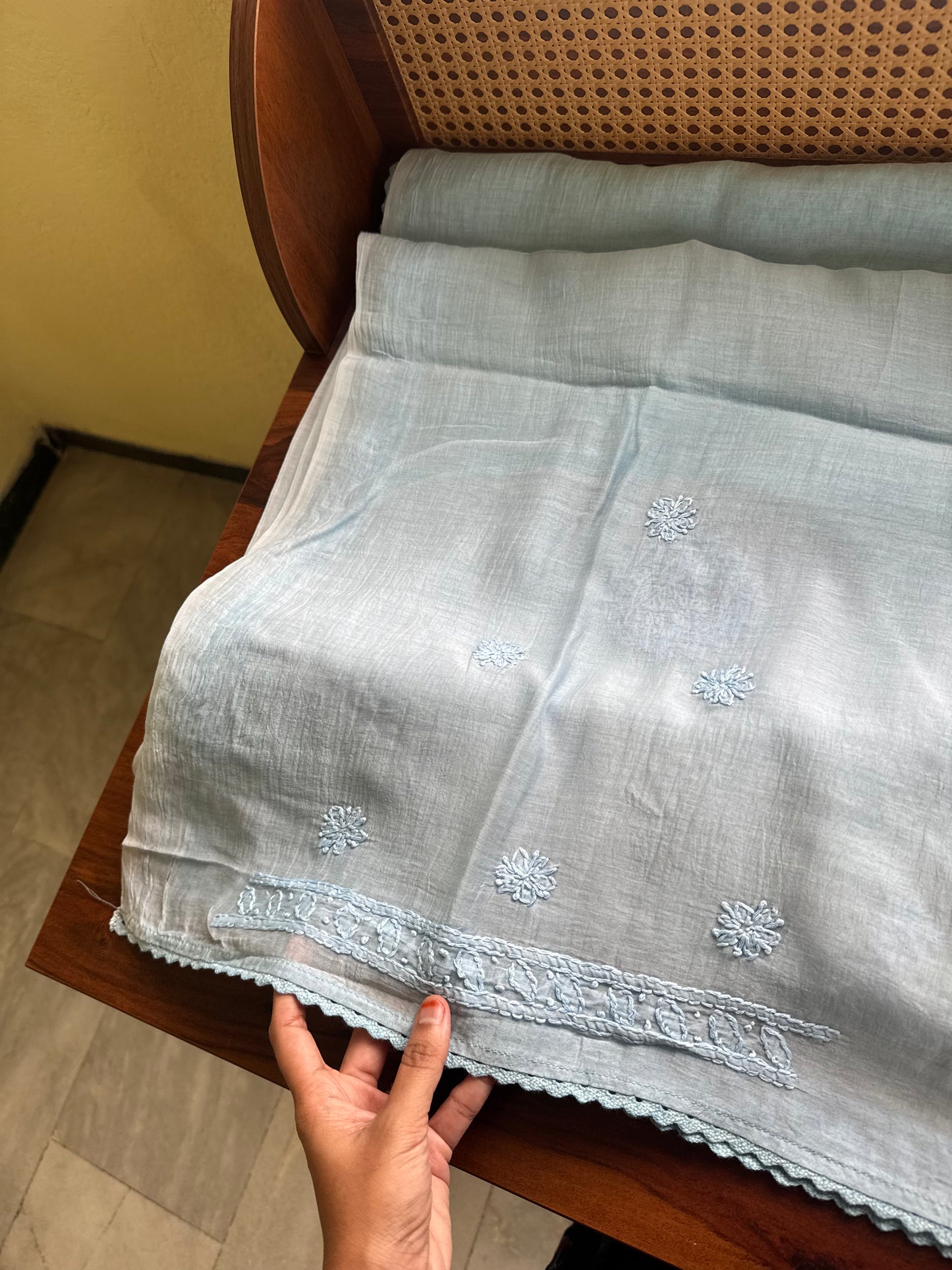 Pure Mul Chanderi Chikankari Saree - Baby Blue