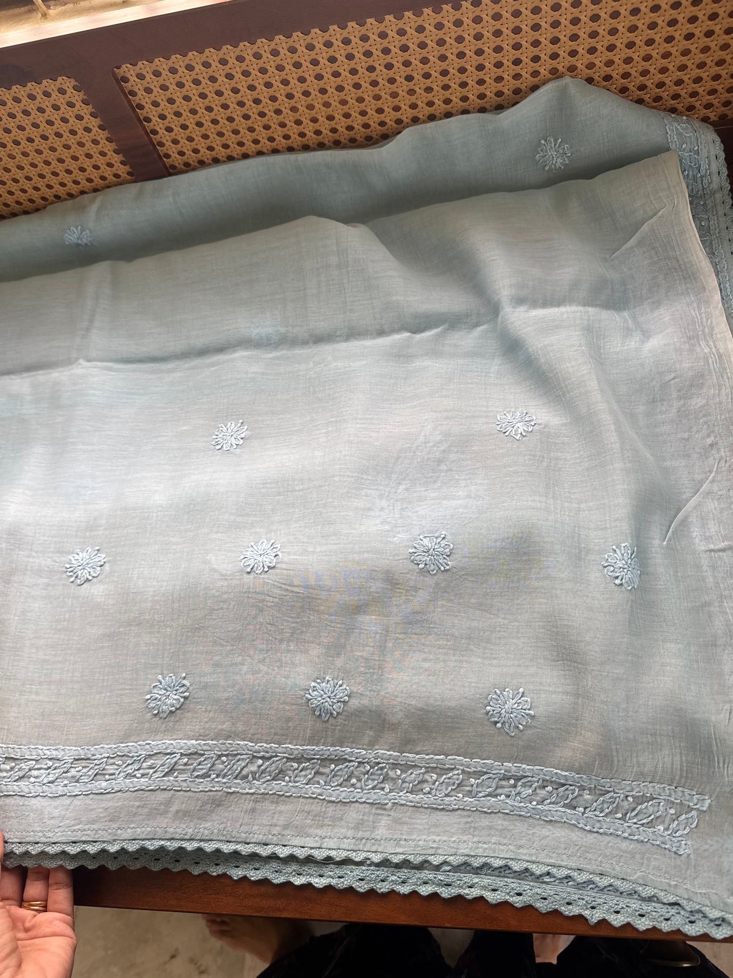 Pure Mul Chanderi Chikankari Saree - Baby Blue