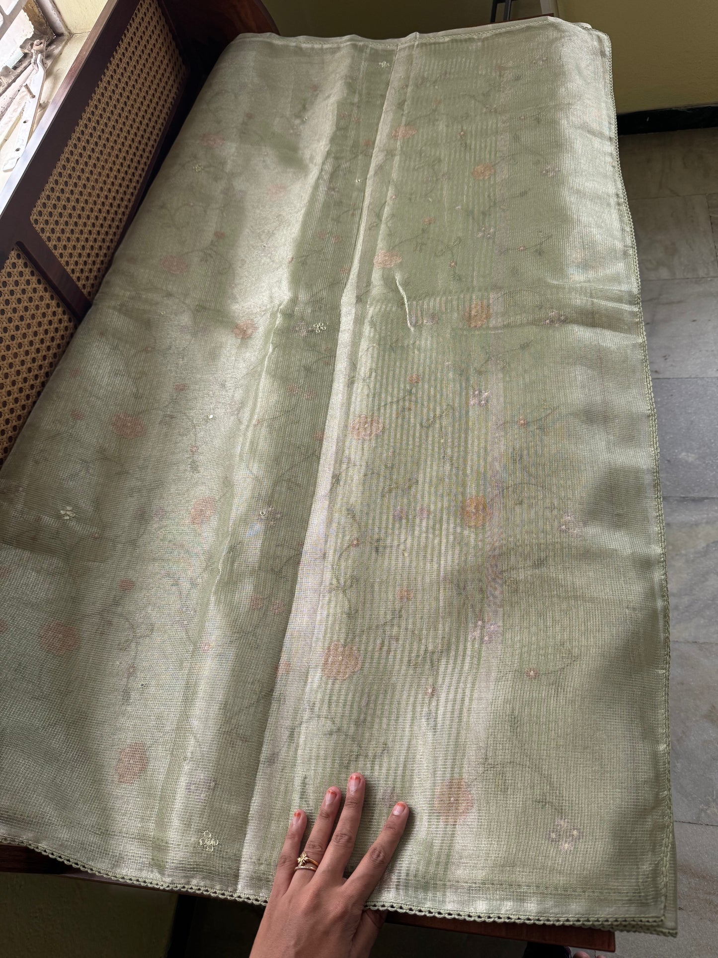 Mirror work Tissue Saree with Floral Embroidered Blouse -Metallic Green