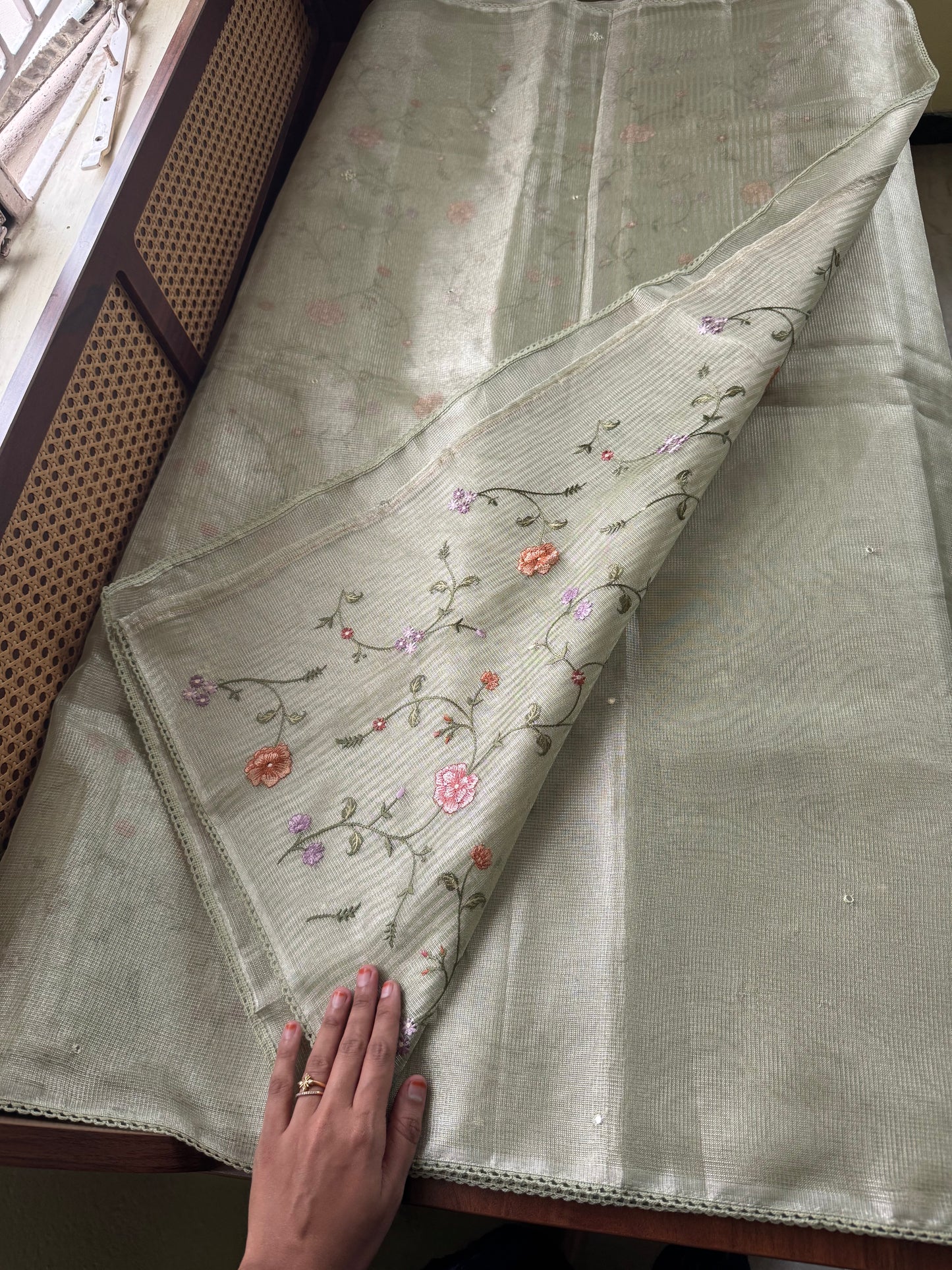 Mirror work Tissue Saree with Floral Embroidered Blouse -Metallic Green