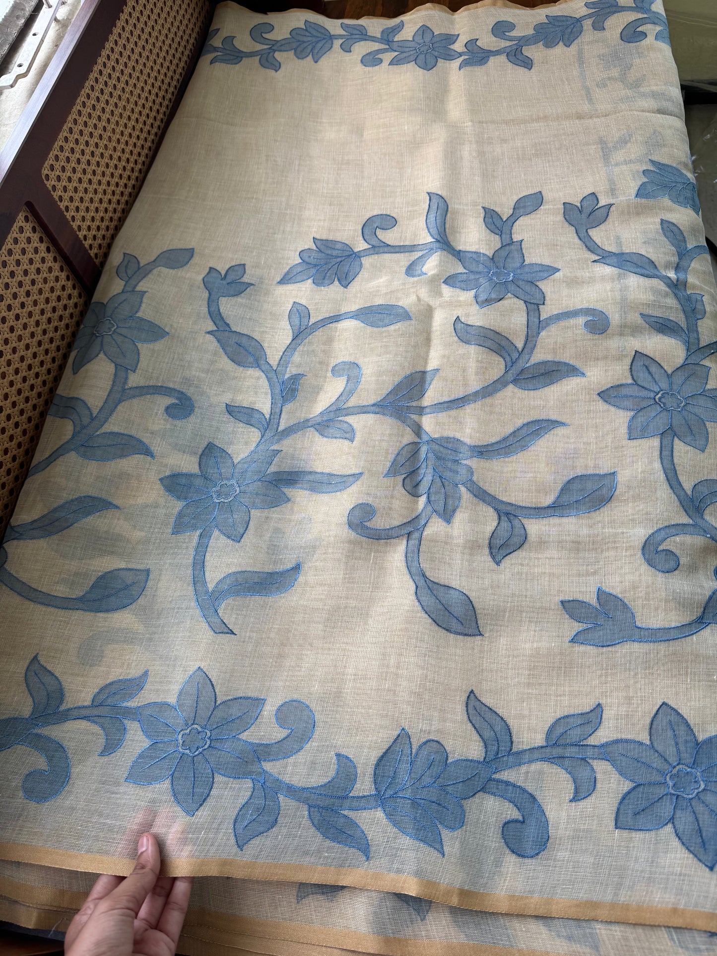 Premium Tissue Linen Sarees - Half White & Blue