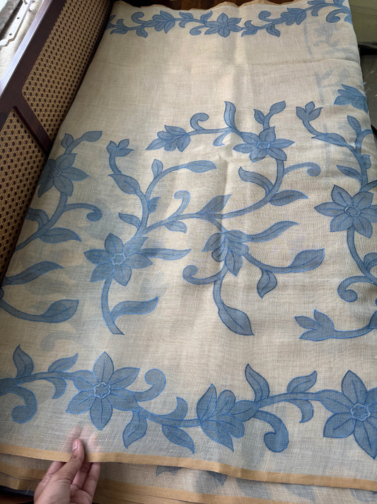 Premium Tissue Linen Sarees - Half White & Blue