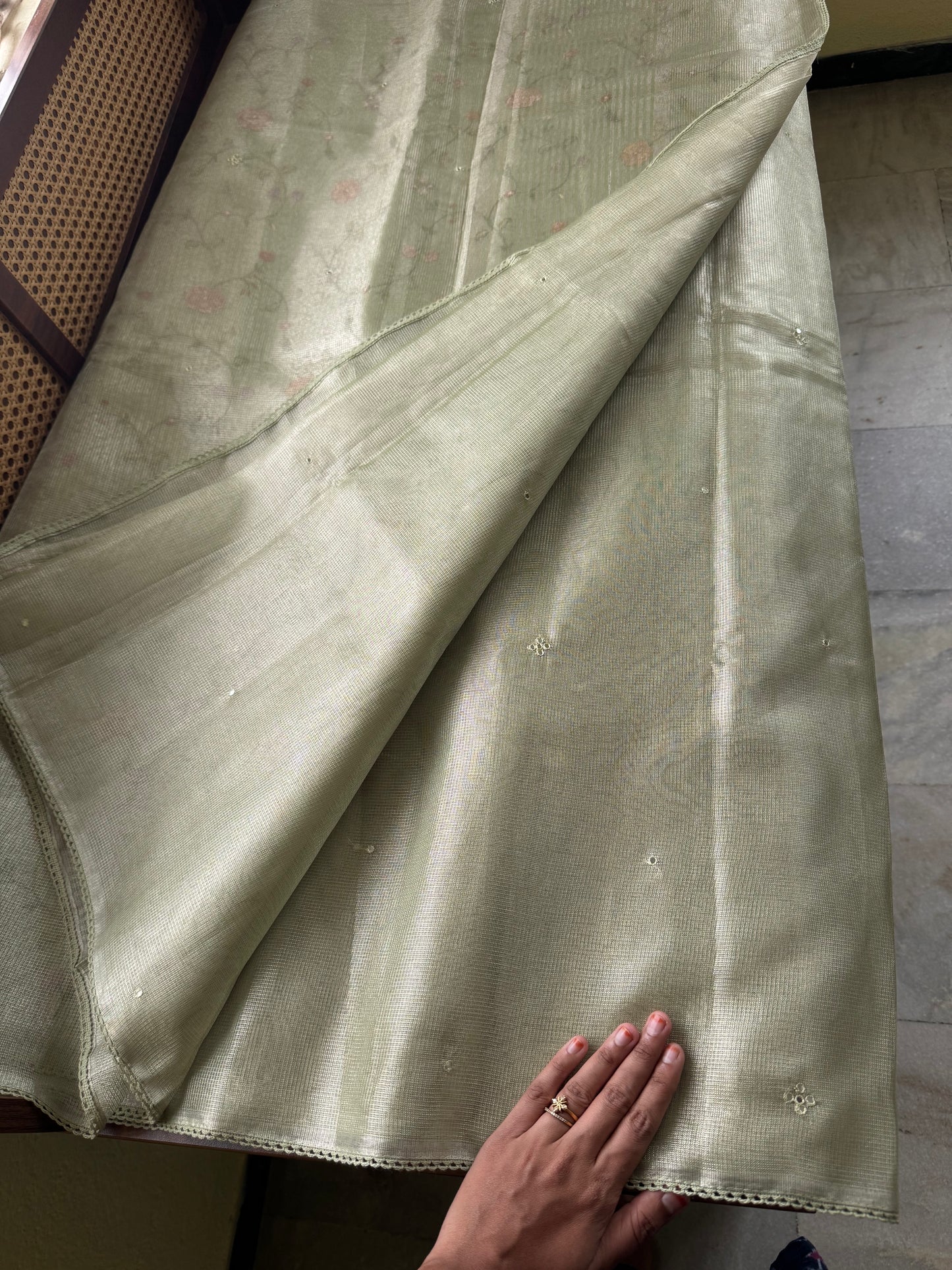 Mirror work Tissue Saree with Floral Embroidered Blouse -Metallic Green