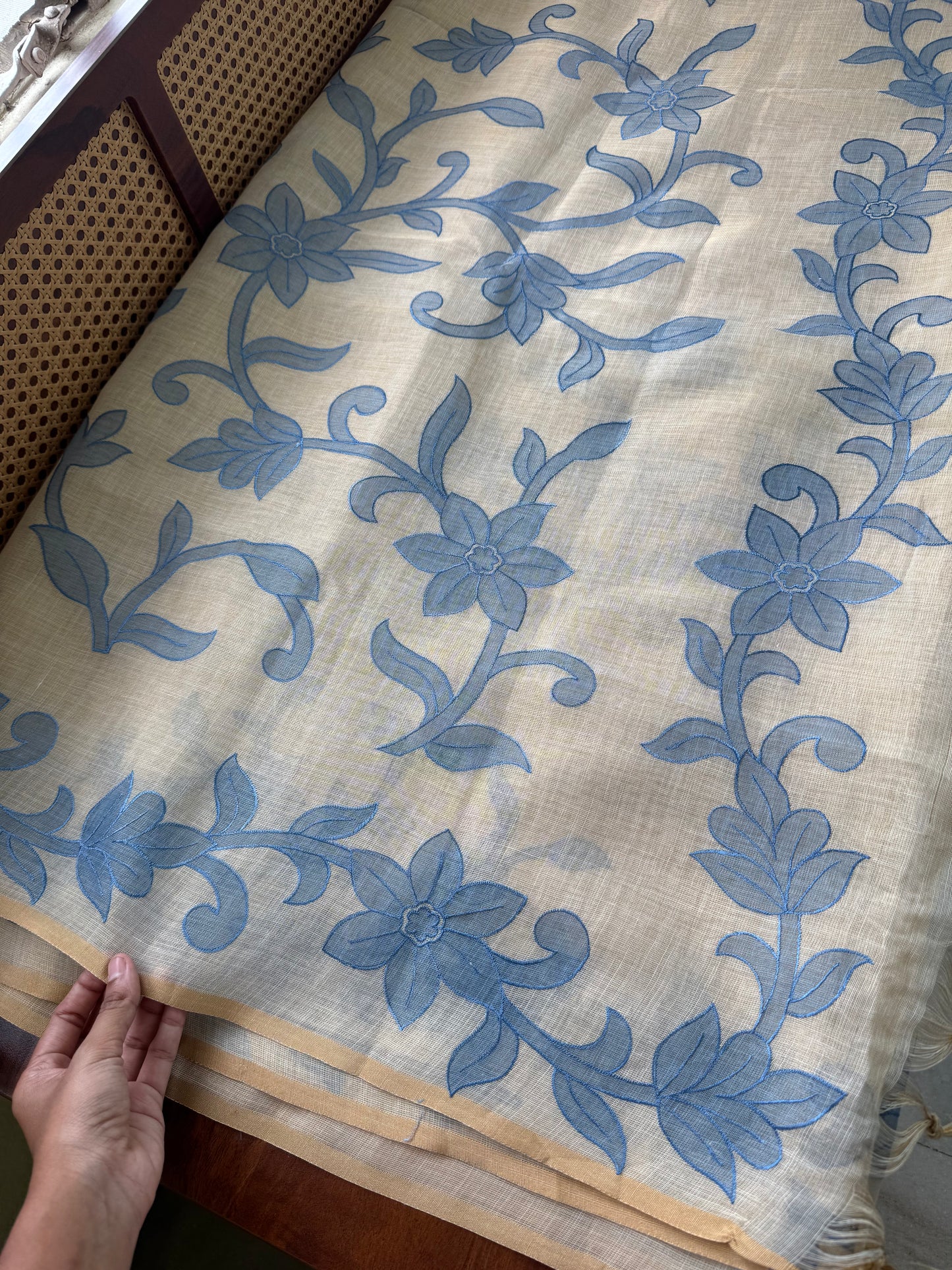 Premium Tissue Linen Sarees - Half White & Blue